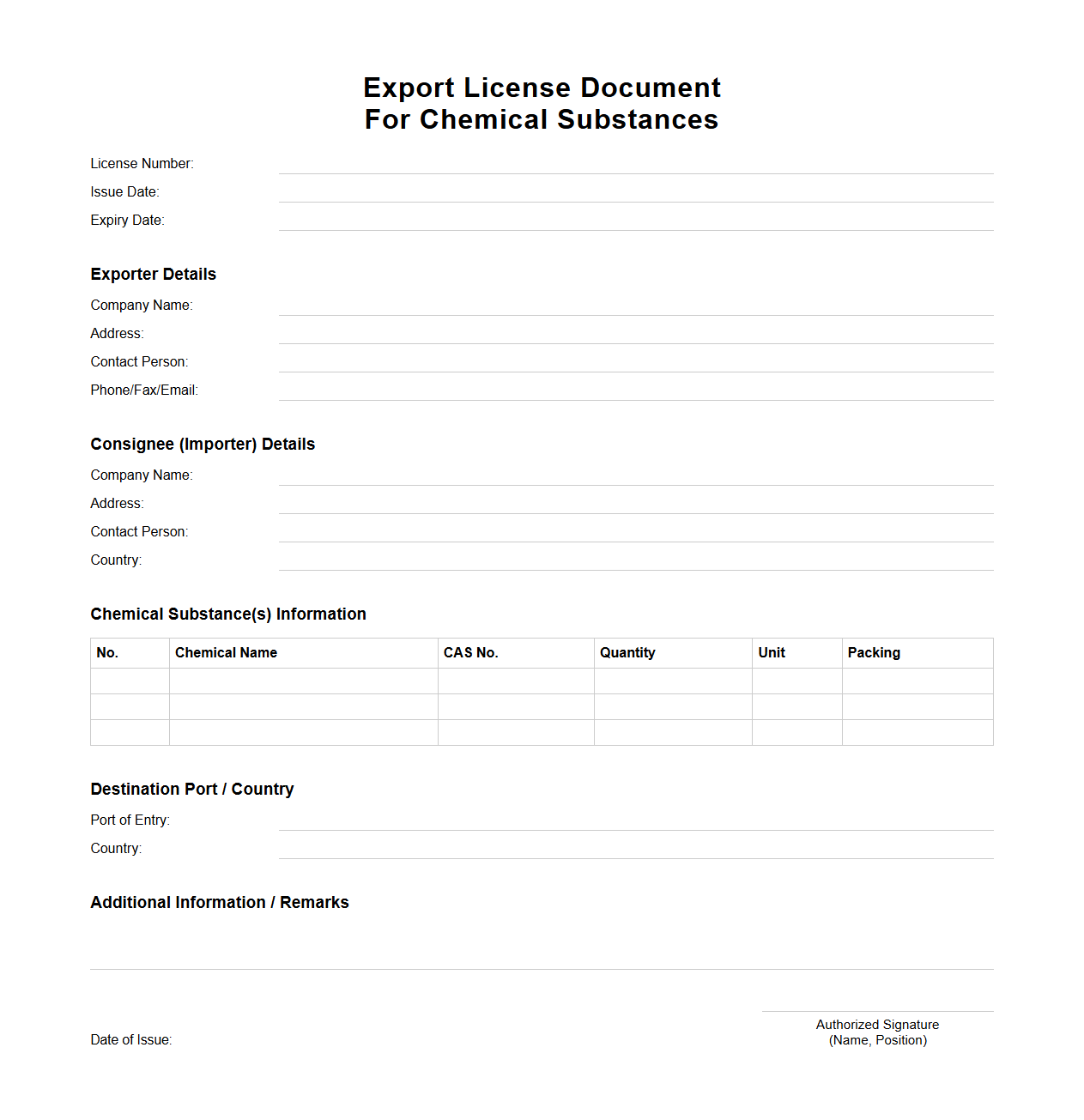 Export License Document for Chemical Substances