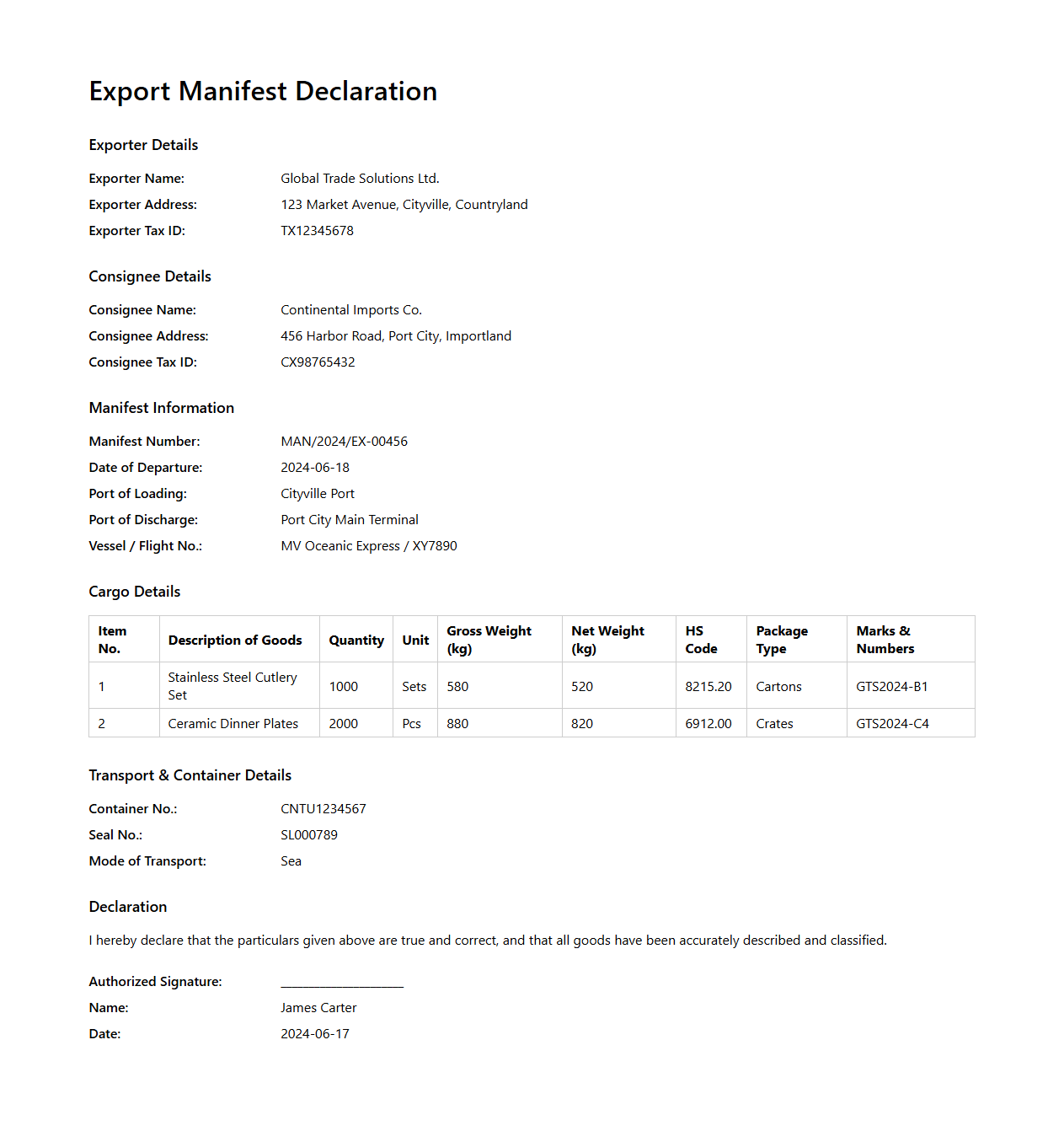 Export Manifest Declaration Example for International Trading