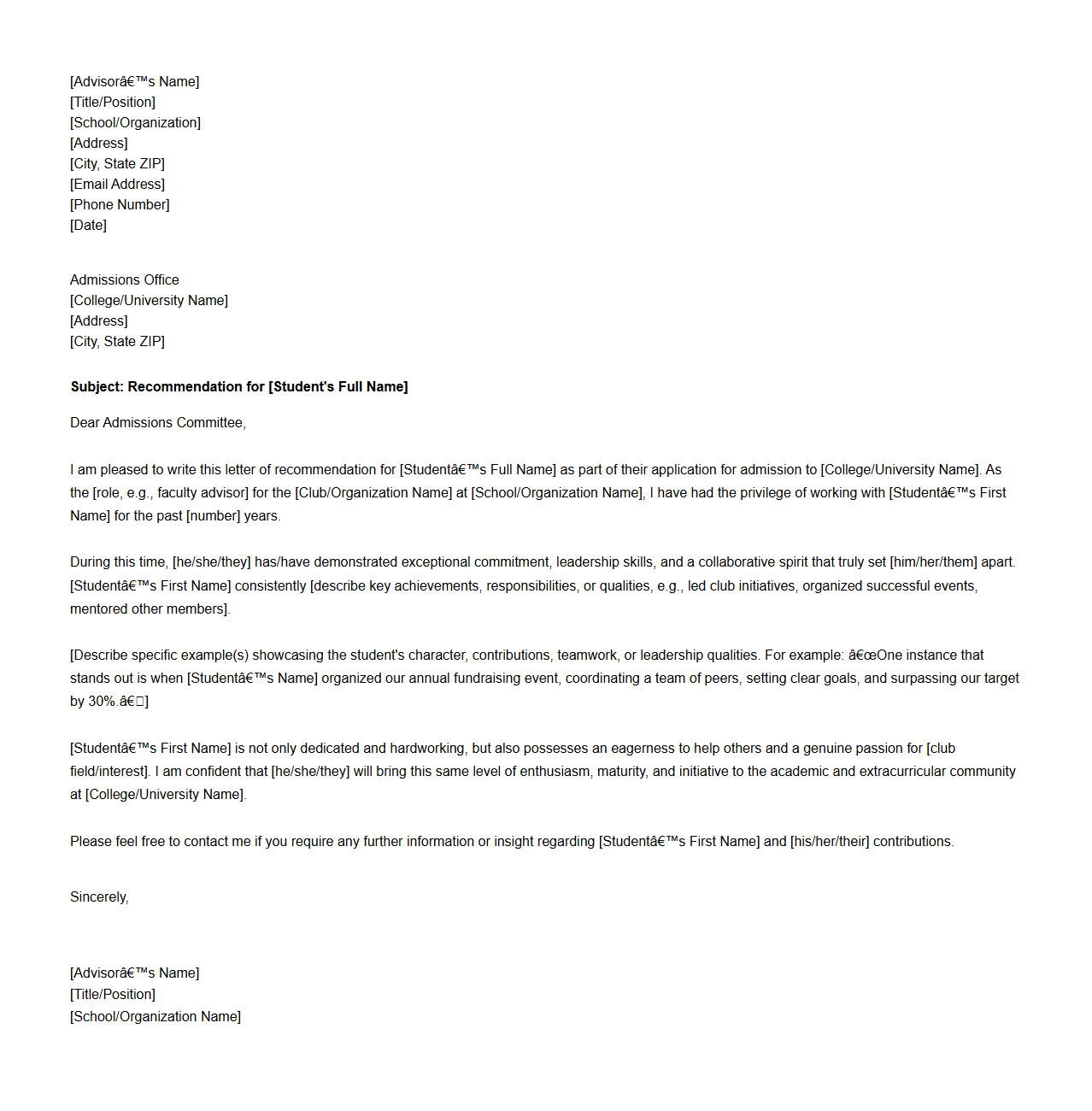 Extracurricular Advisor Recommendation Letter for College Entry