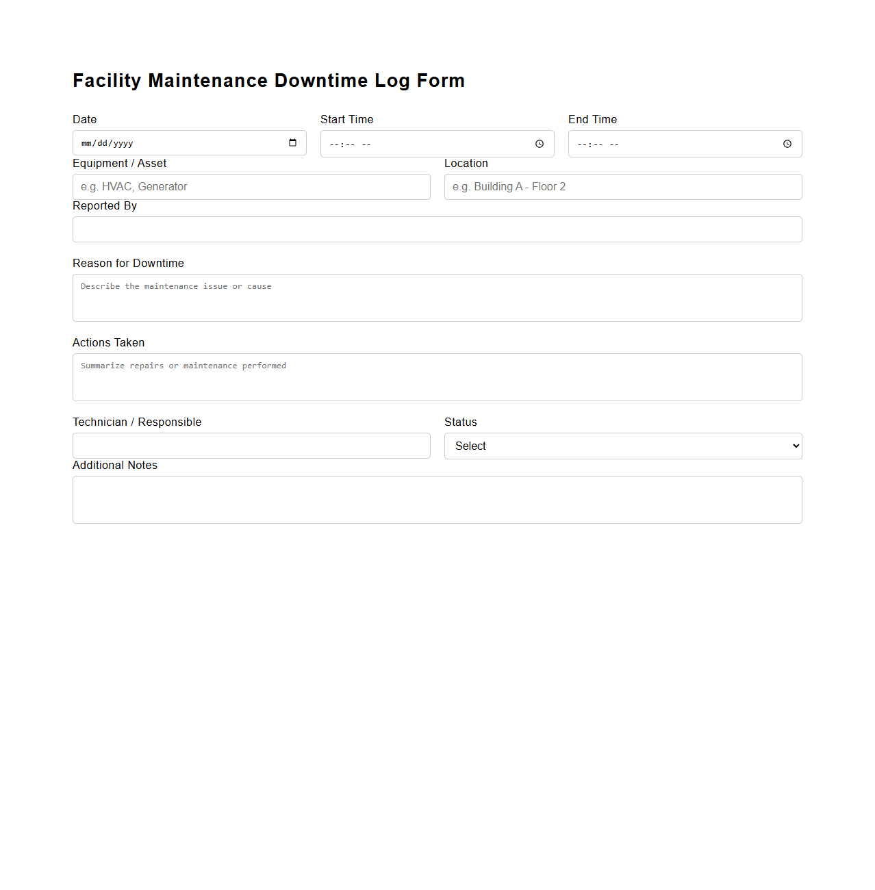 Facility Maintenance Downtime Log Form