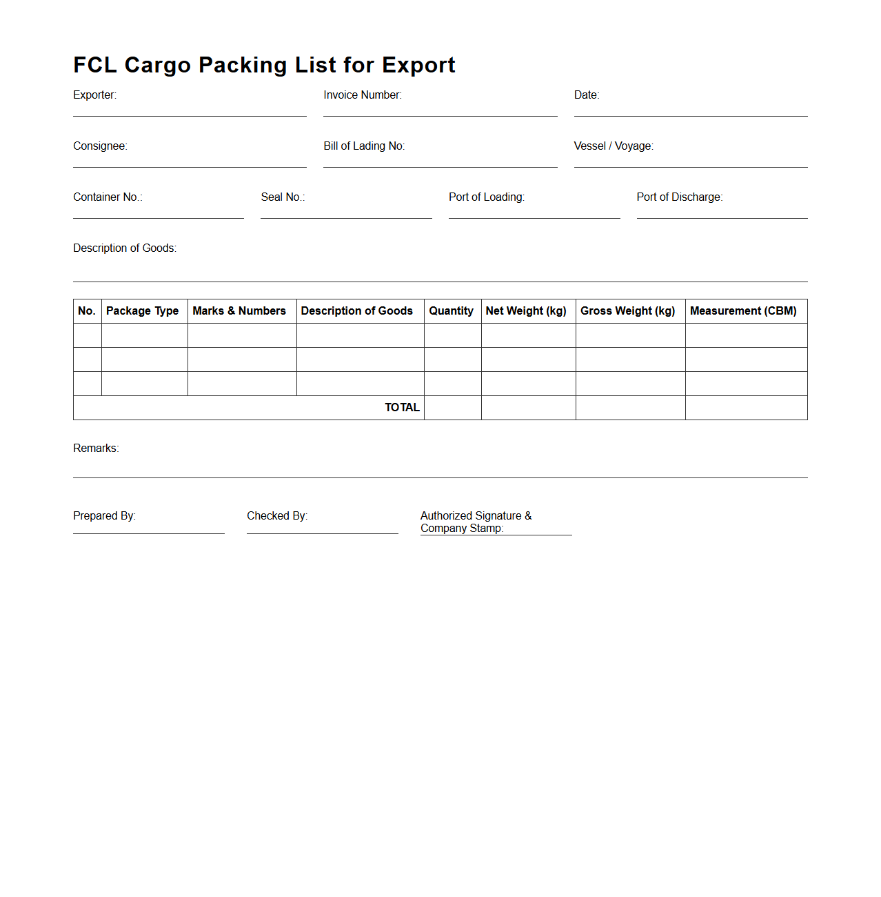 FCL Cargo Packing List for Export