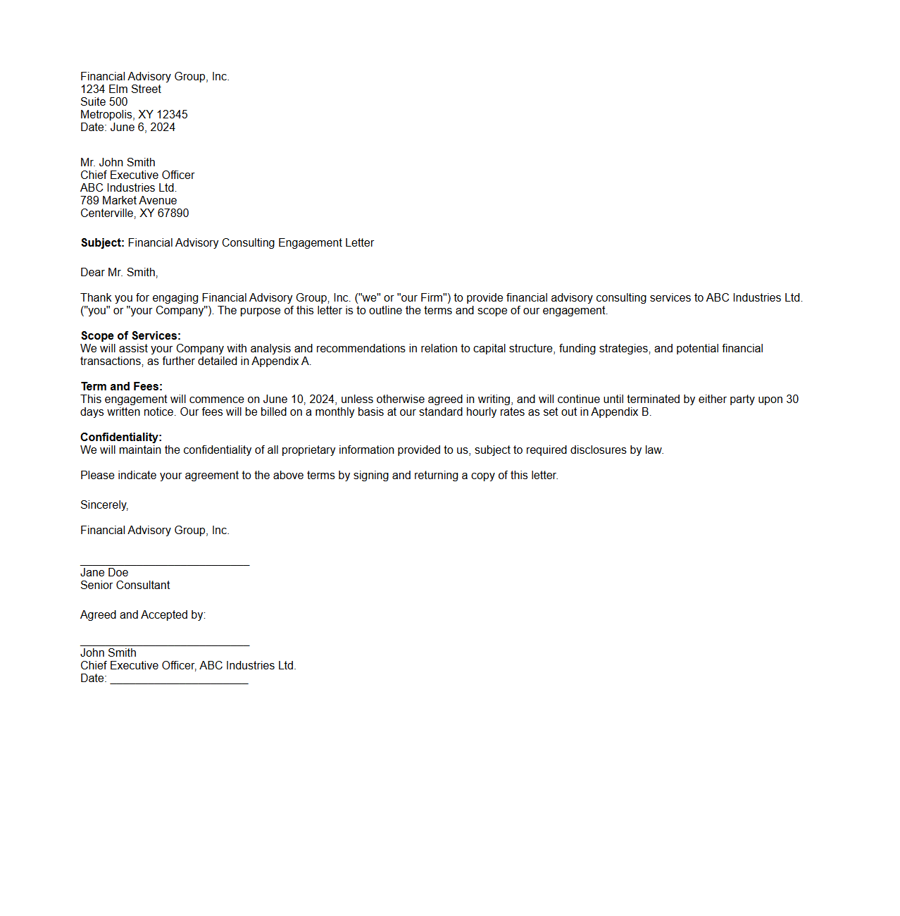 Financial Advisory Consulting Letter Sample