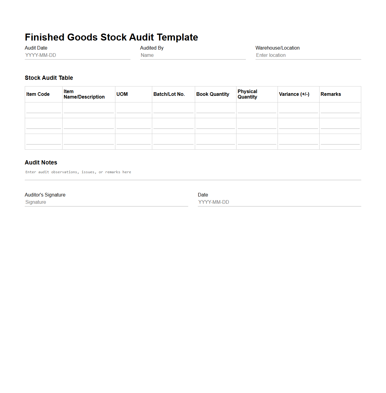 Finished Goods Stock Audit Template