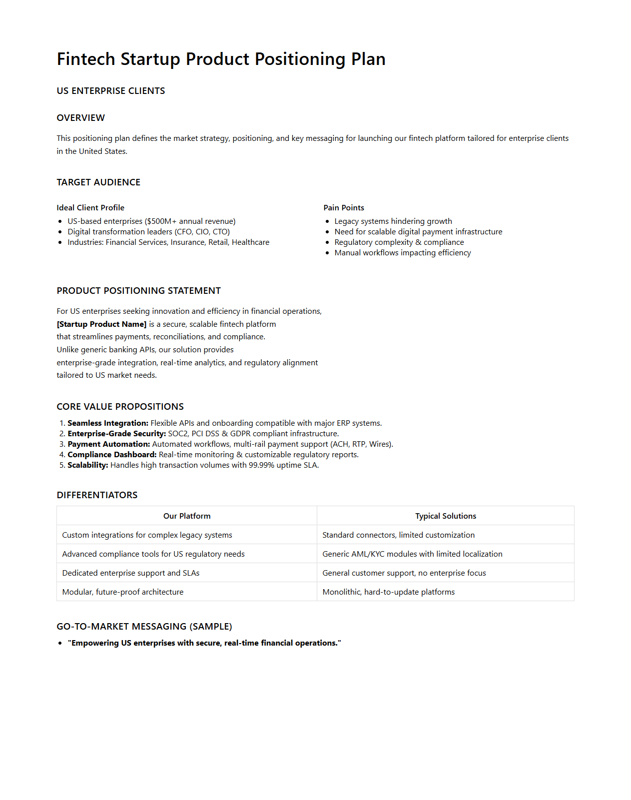 Fintech Startup Product Positioning Plan for US Enterprise Clients