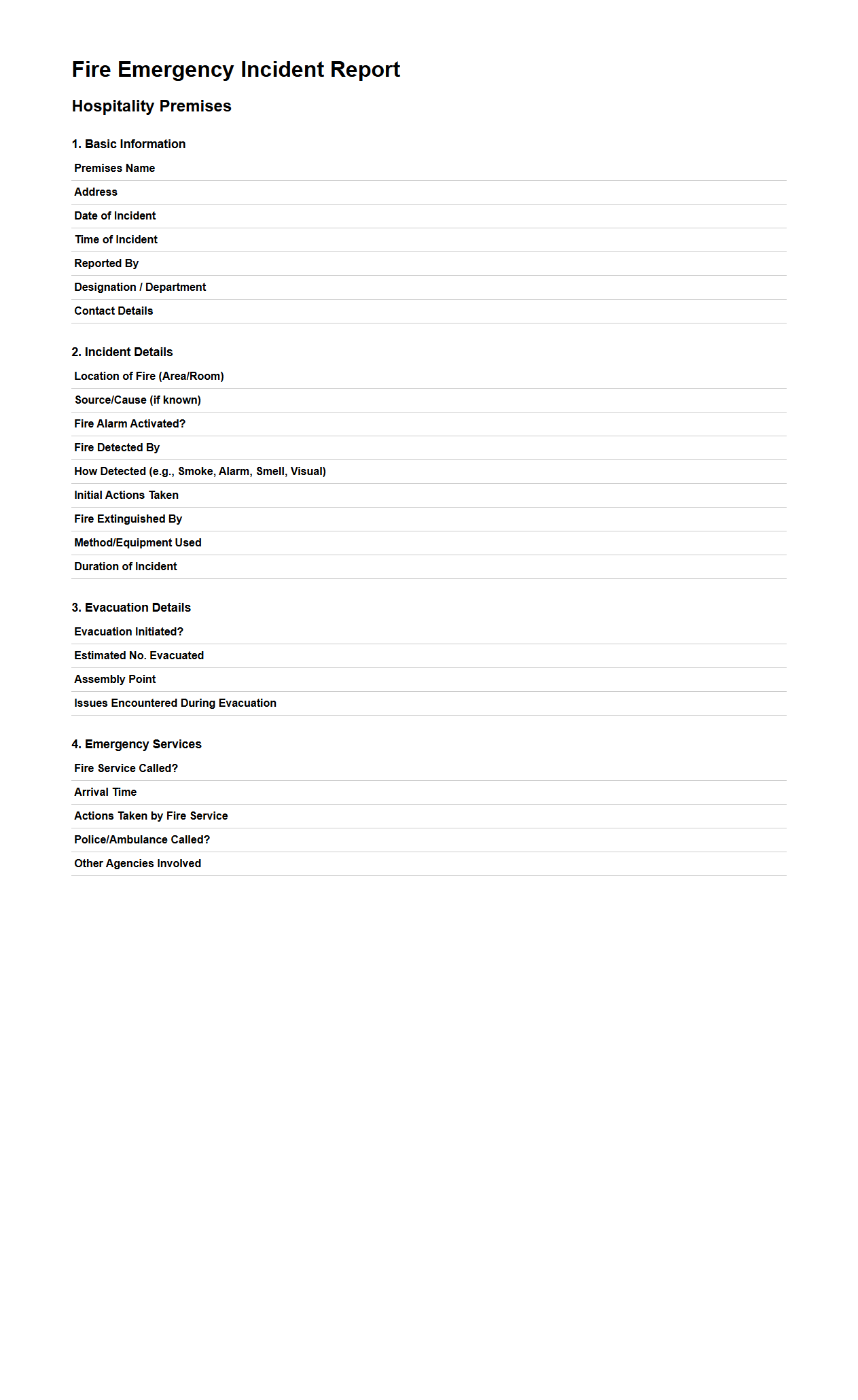 Fire Emergency Incident Report Format for Hospitality Premises