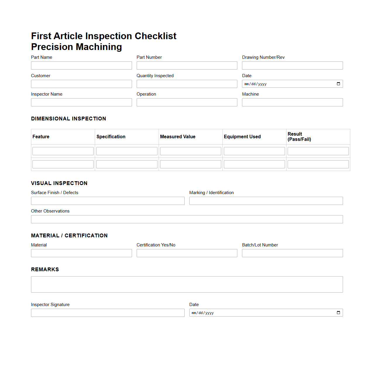First Article Inspection Checklist for Precision Machining