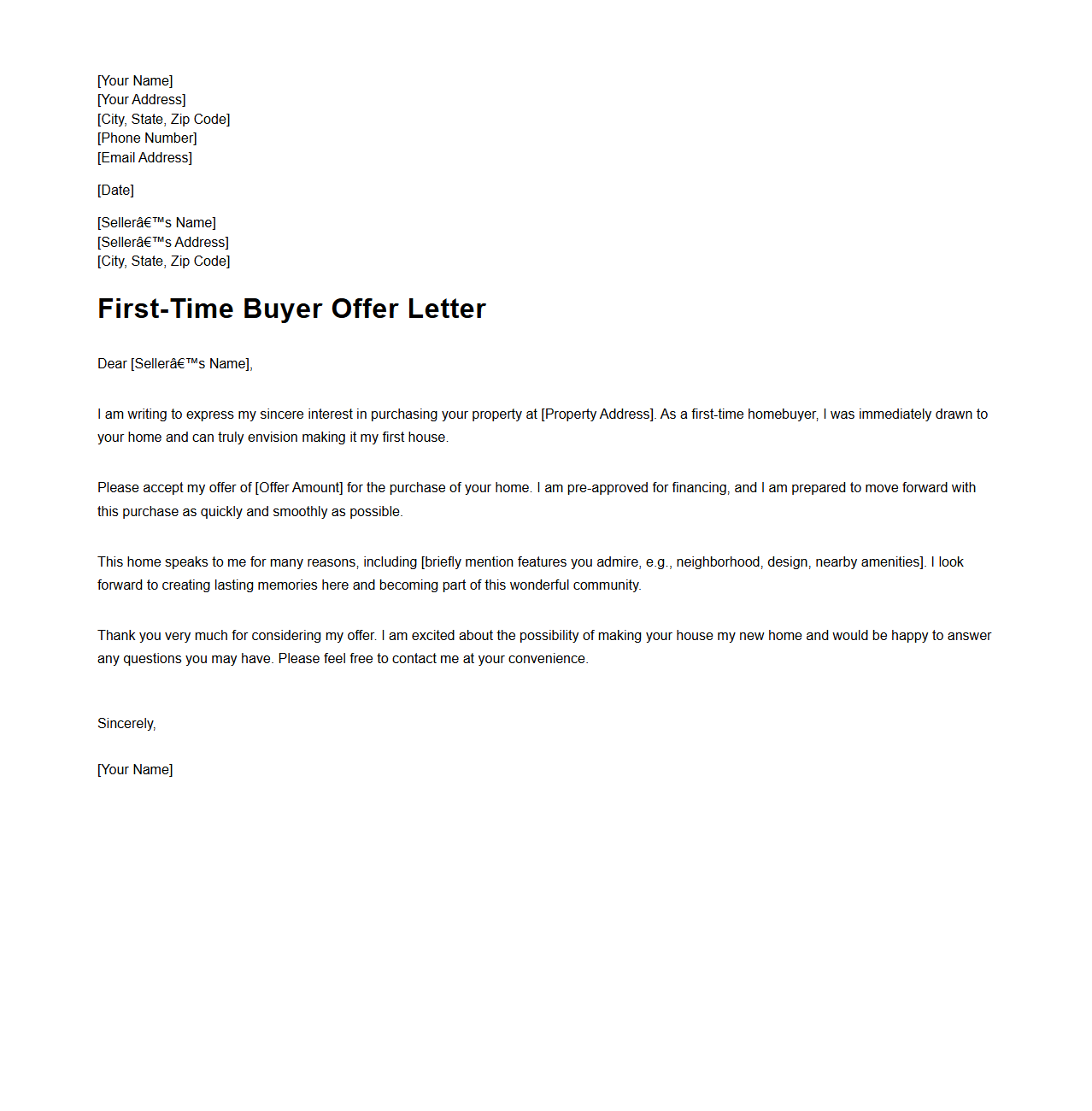 First-Time Buyer Offer Letter for House Acquisition
