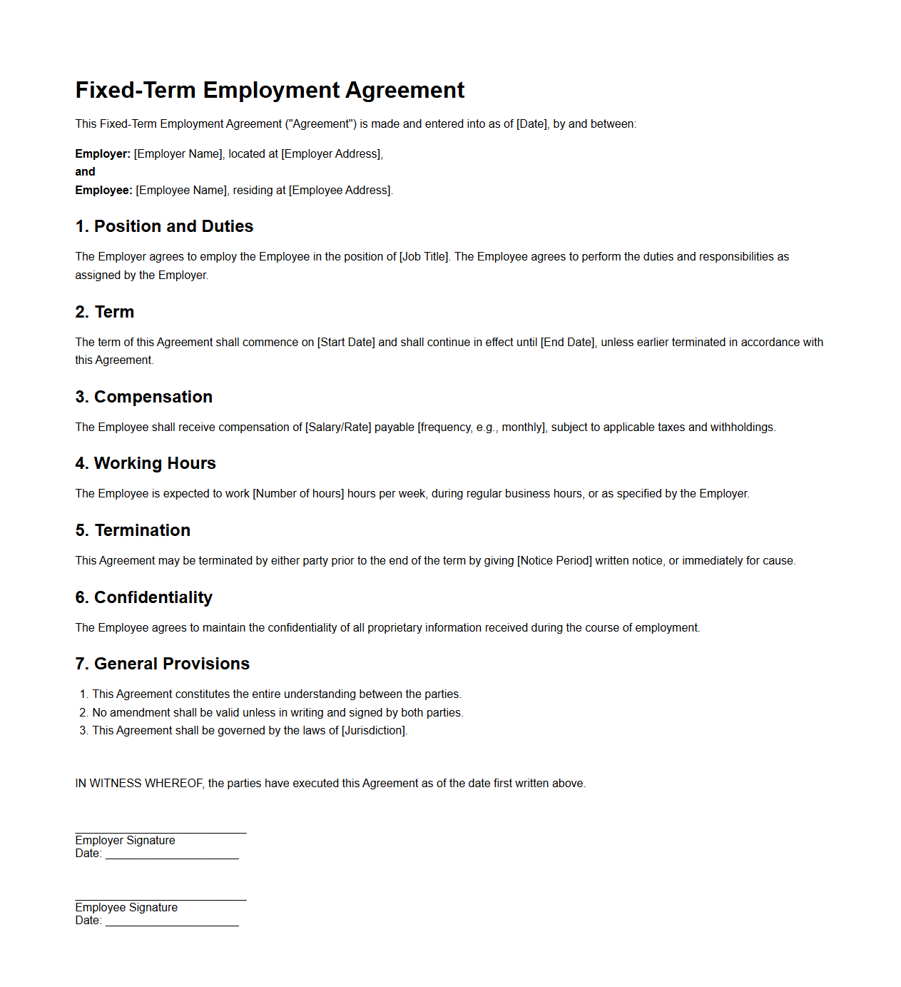 Fixed-Term Employment Agreement Sample