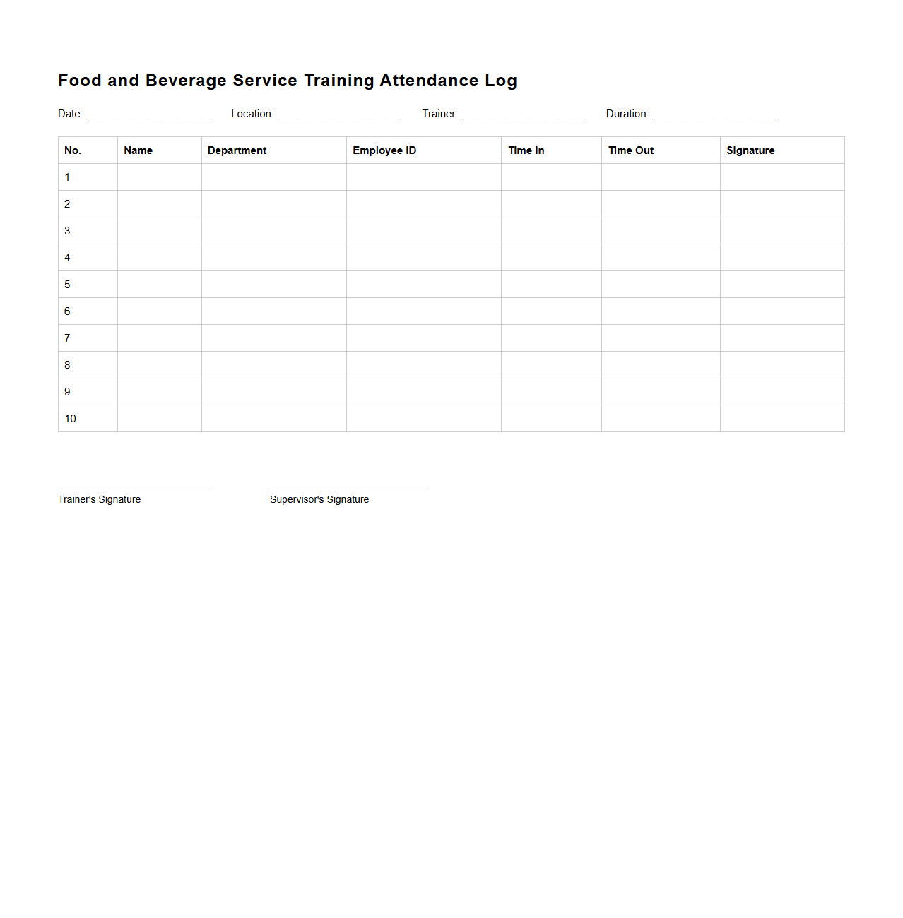 Food and Beverage Service Training Attendance Log