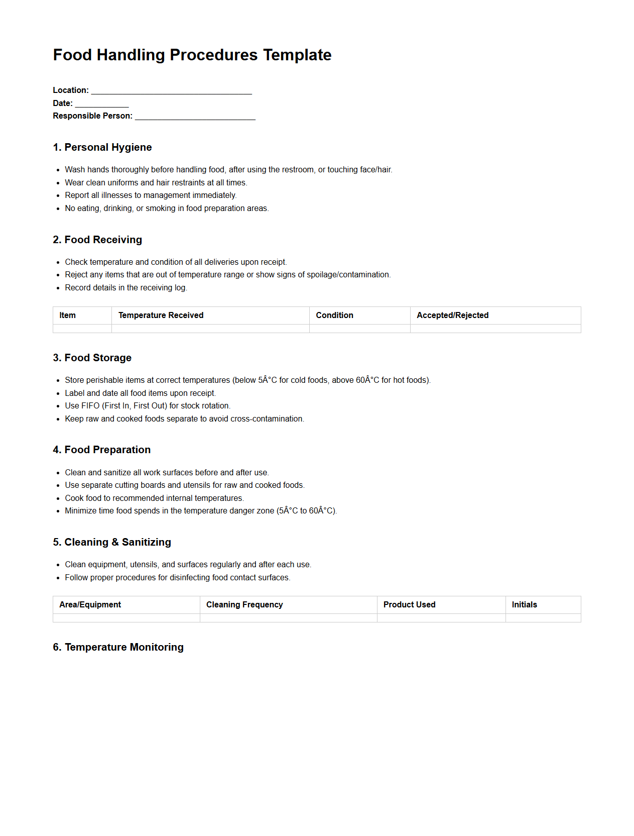 Food Handling Procedures Template for Hospitality Kitchens