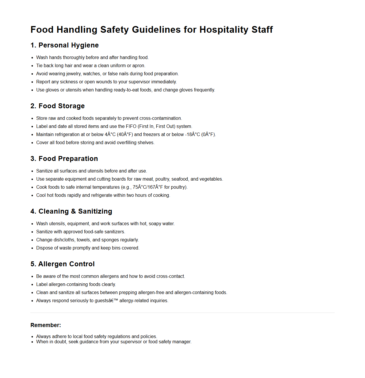 Food Handling Safety Guidelines for Hospitality Staff