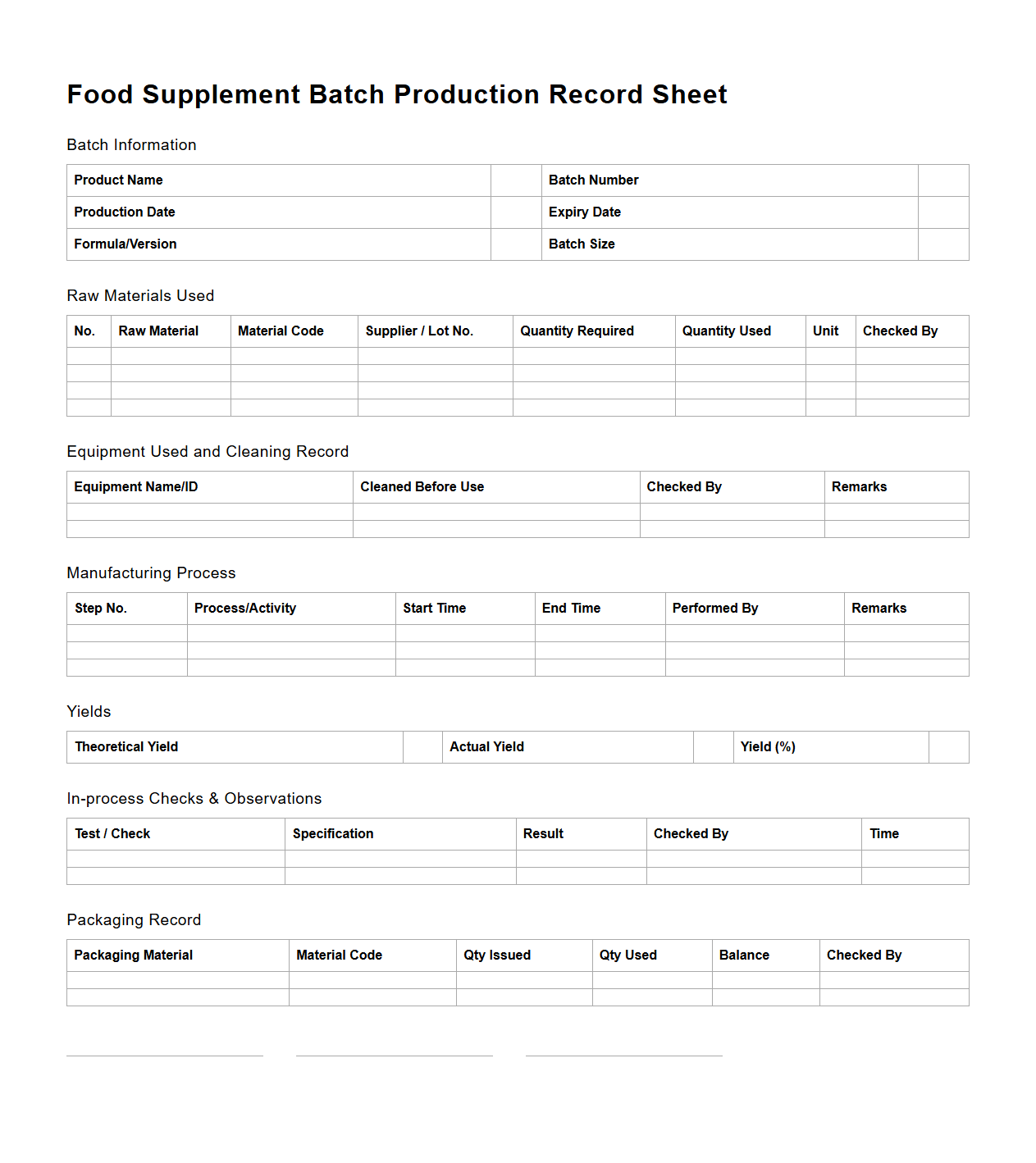 Food Supplement Batch Production Record Sheet