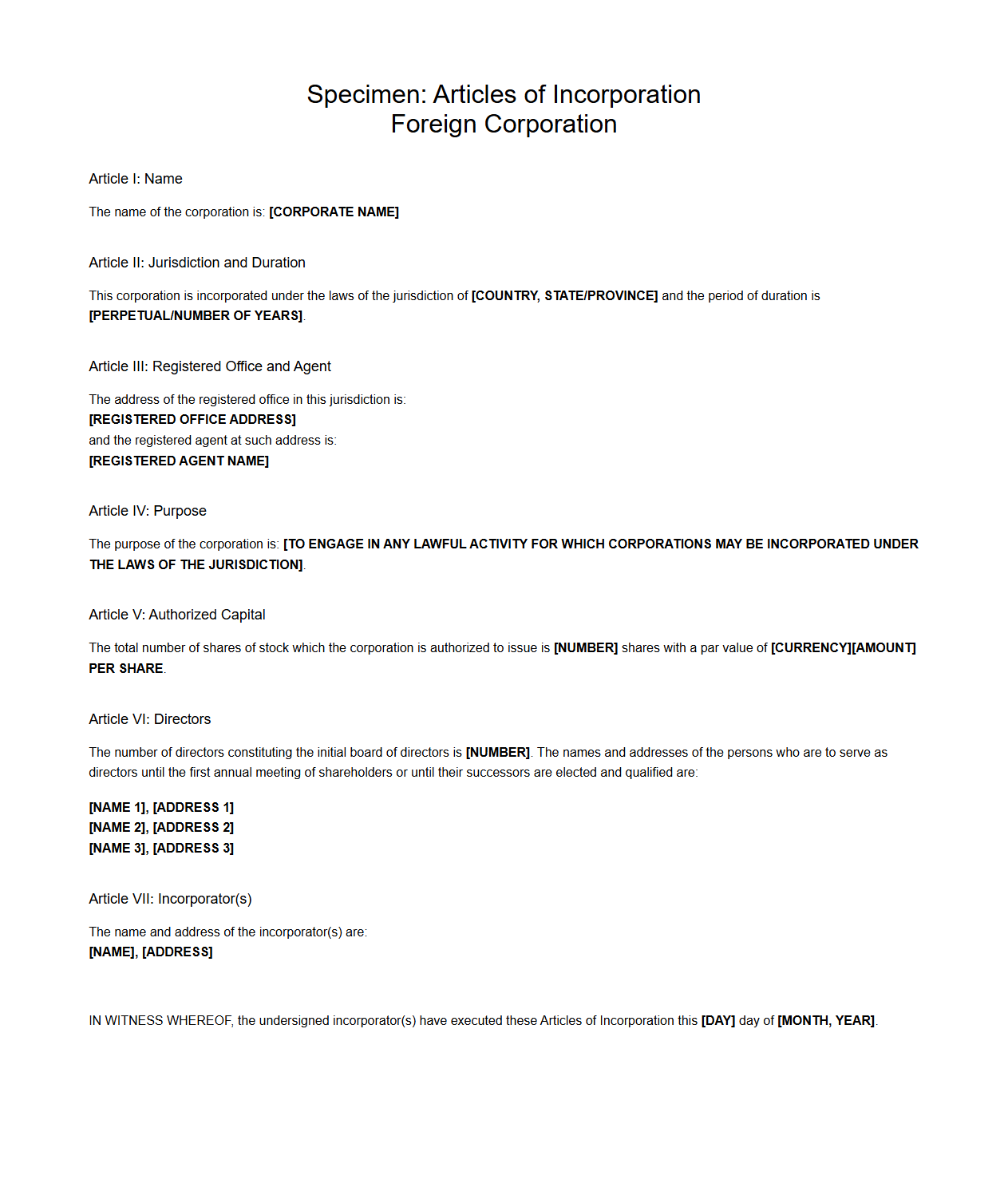 Foreign Corporation Articles of Incorporation Specimen