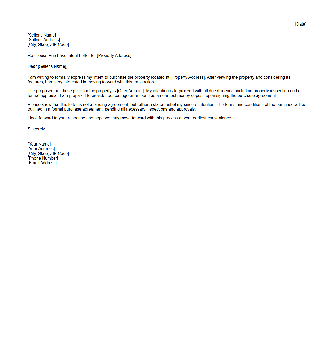 Formal House Purchase Intent Letter
