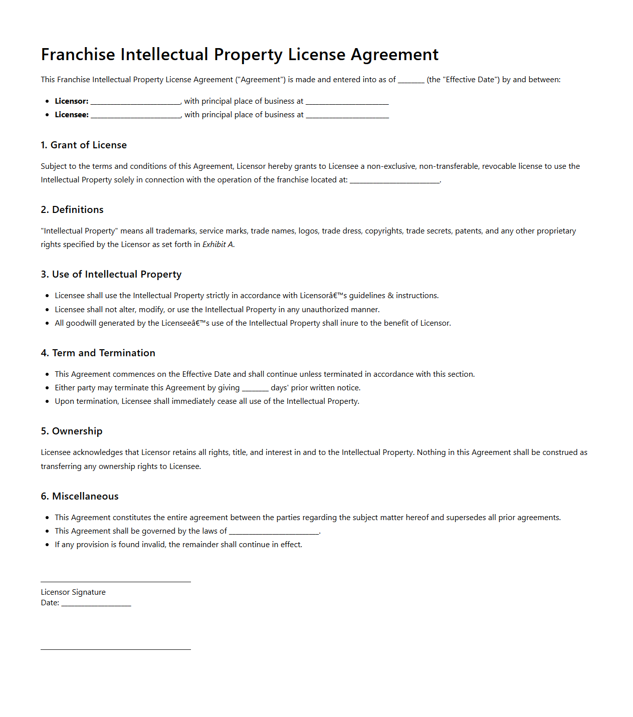 Franchise Intellectual Property License Agreement