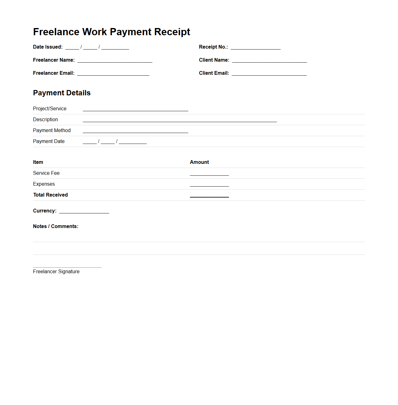 Freelance Work Payment Receipt Example