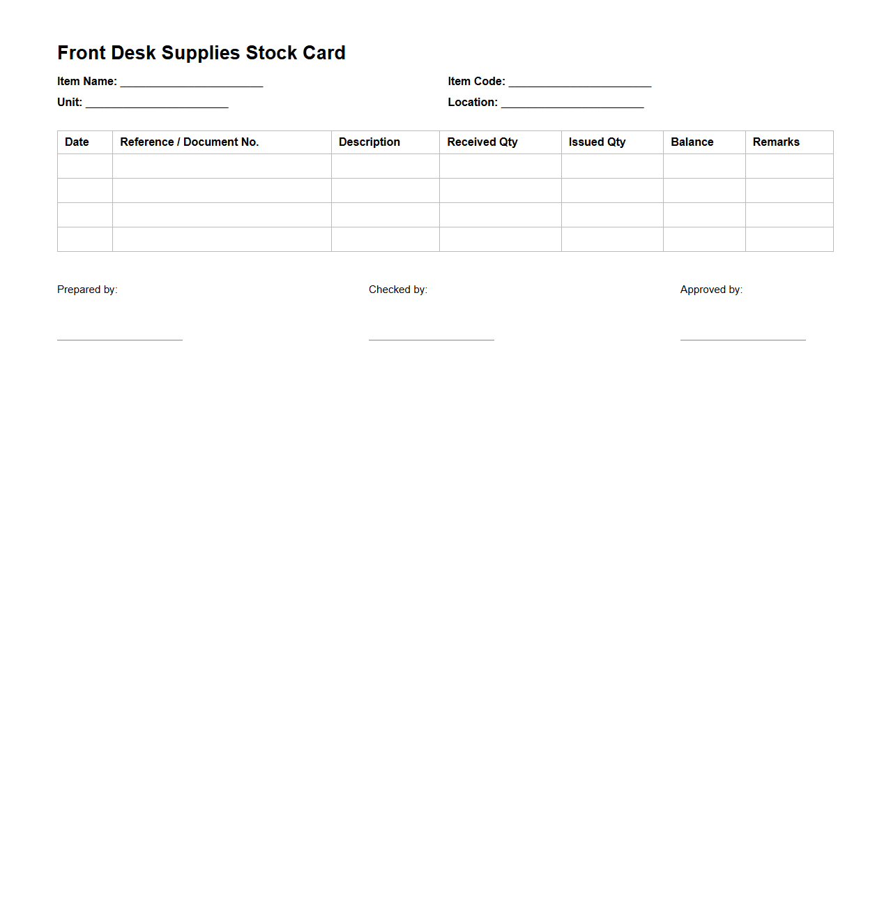 Front Desk Supplies Stock Card
