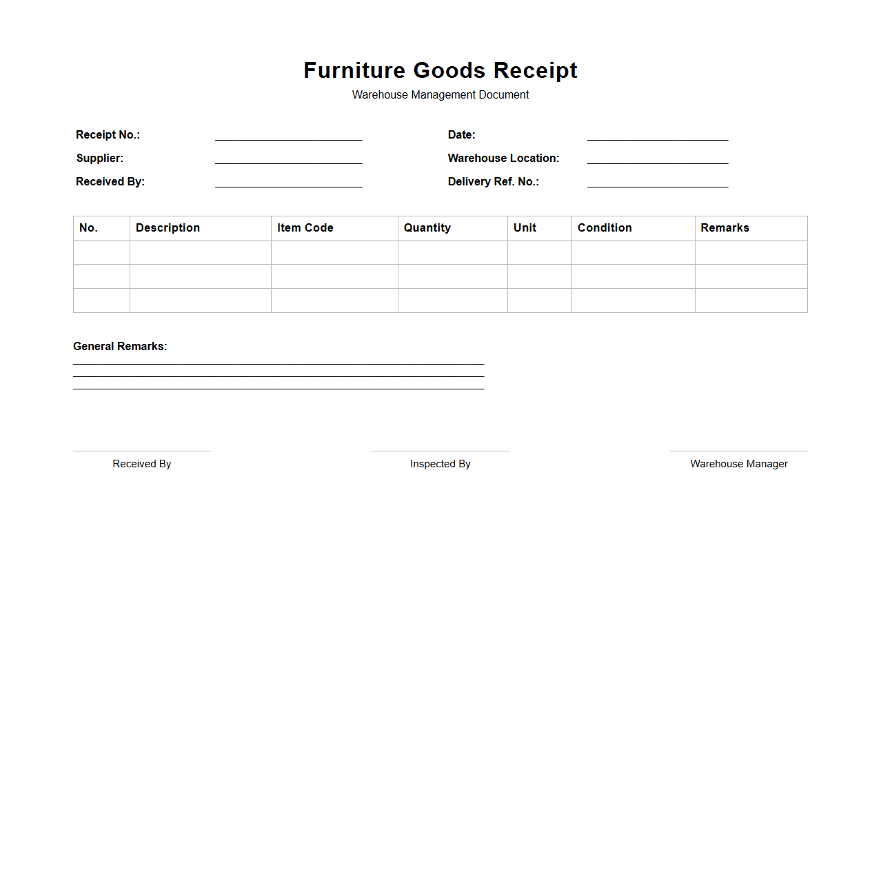 Furniture Goods Receipt Document for Warehouse Management