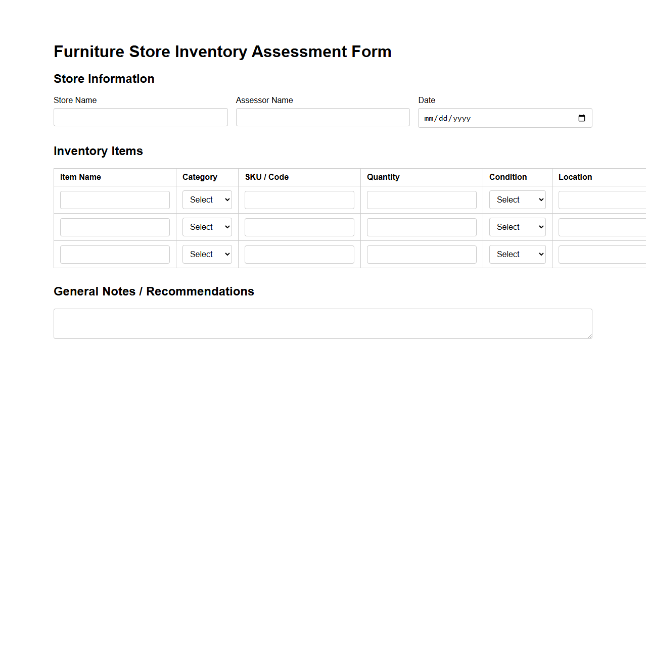 Furniture Store Inventory Assessment Form