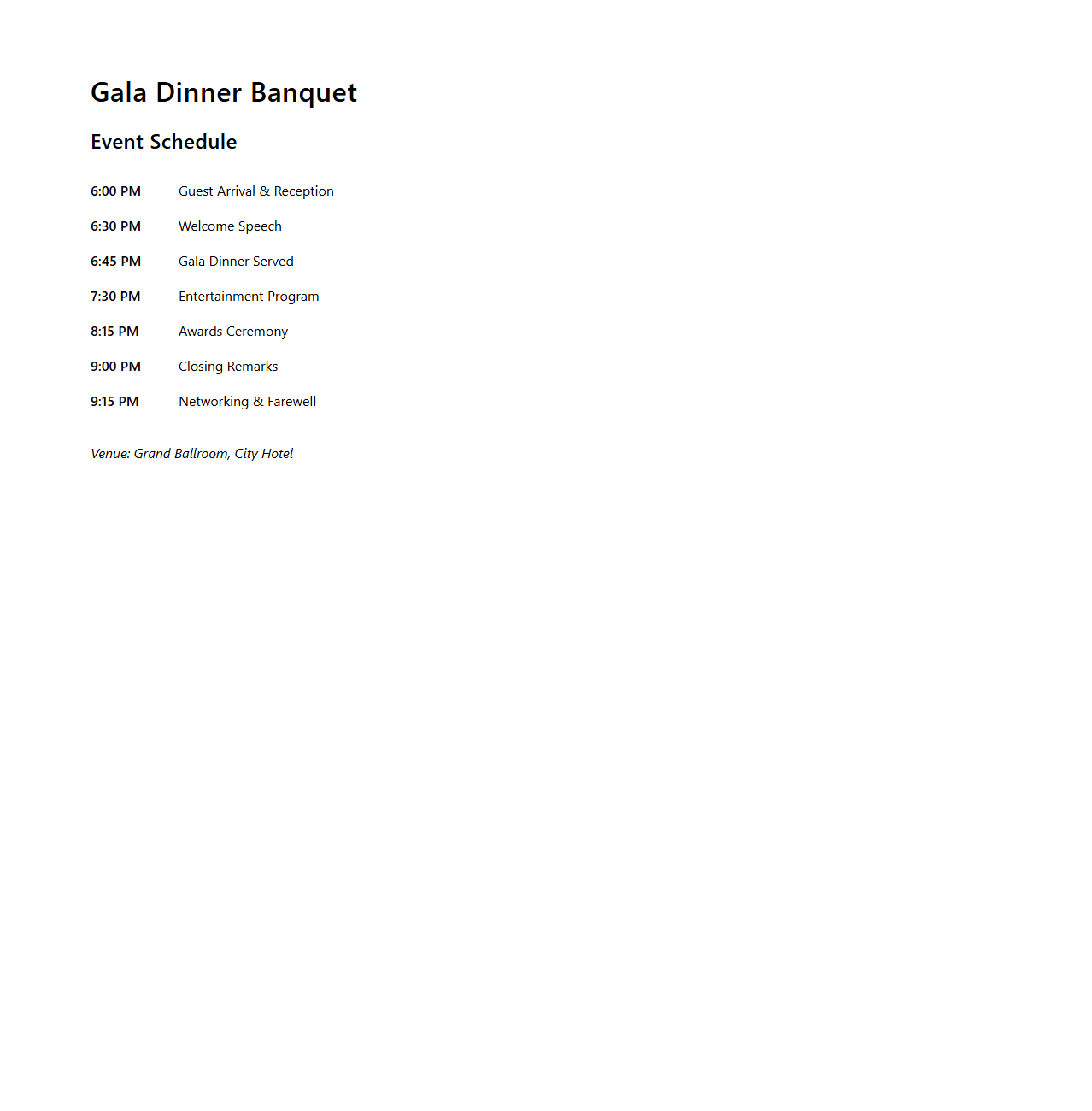 Gala Dinner Banquet Event Schedule