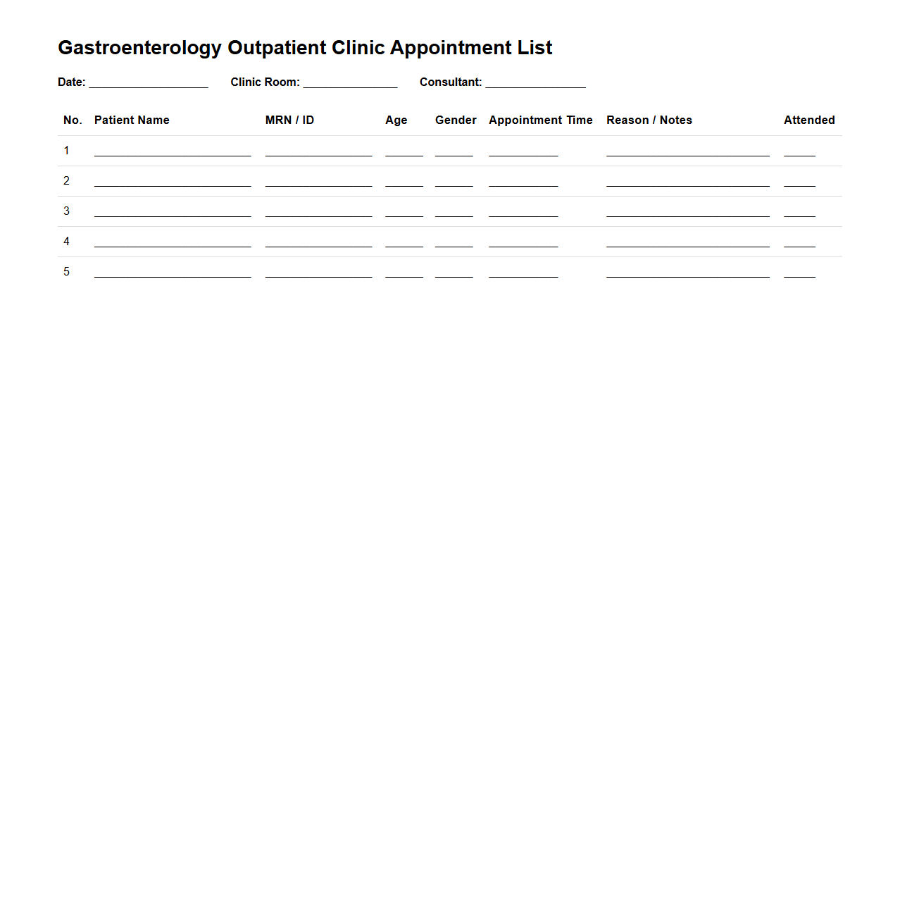 Gastroenterology Outpatient Clinic Appointment List
