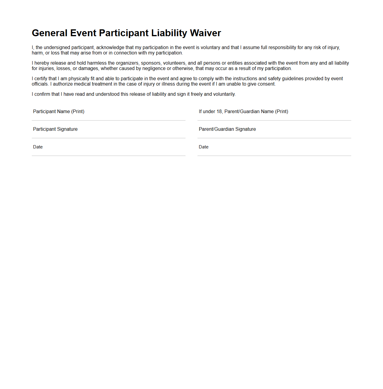 General Event Participant Liability Waiver Template