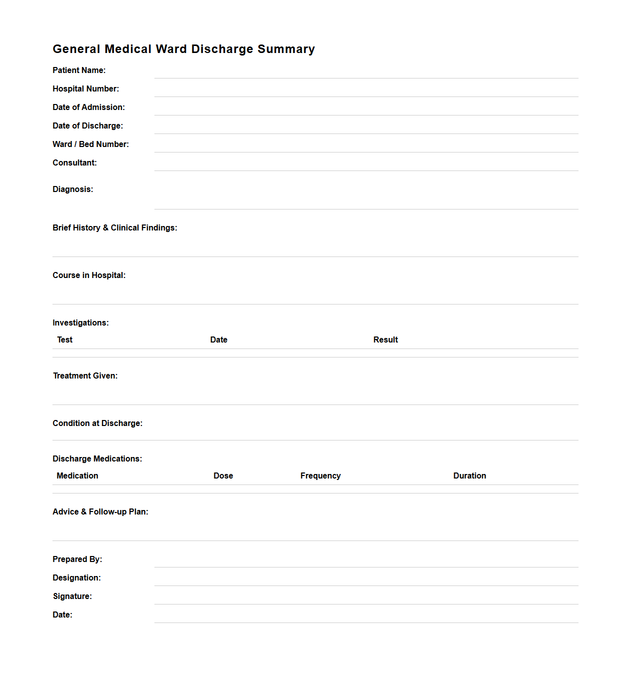 General Medical Ward Discharge Summary Format