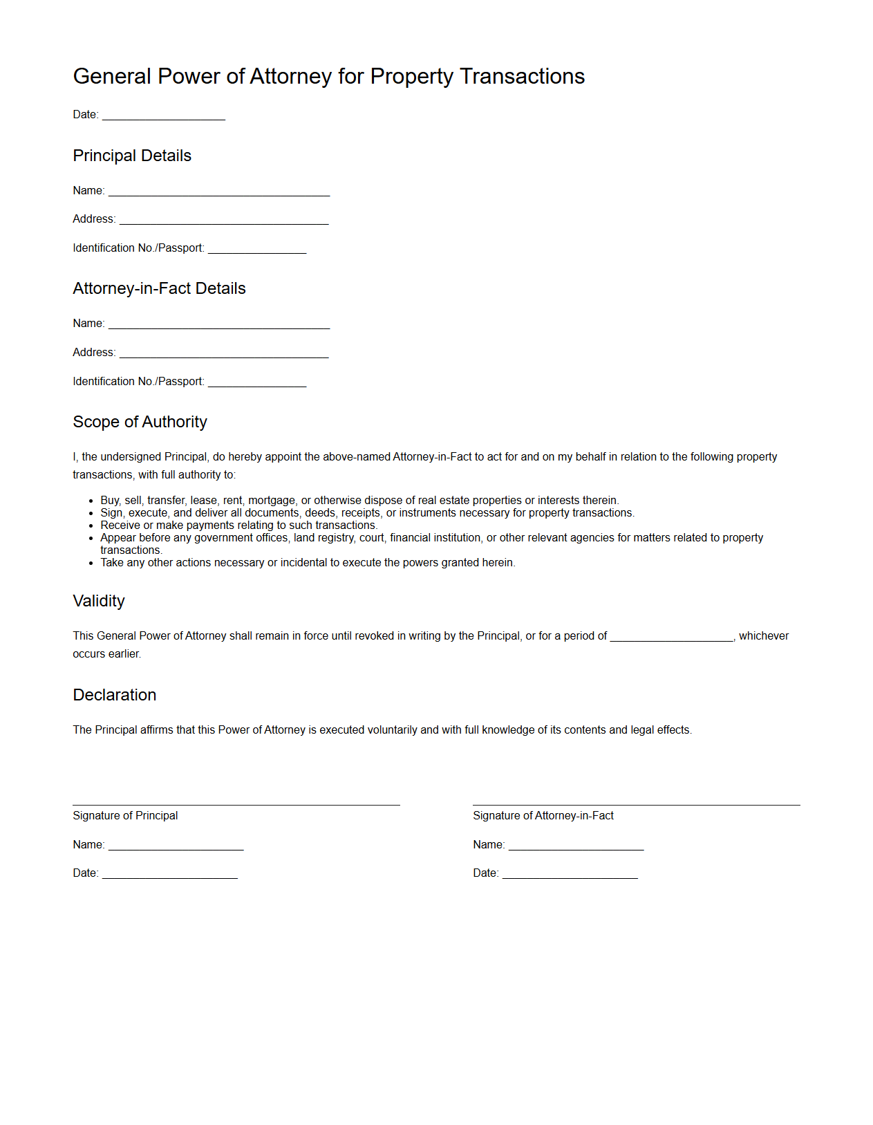 General Power of Attorney Template for Property Transactions