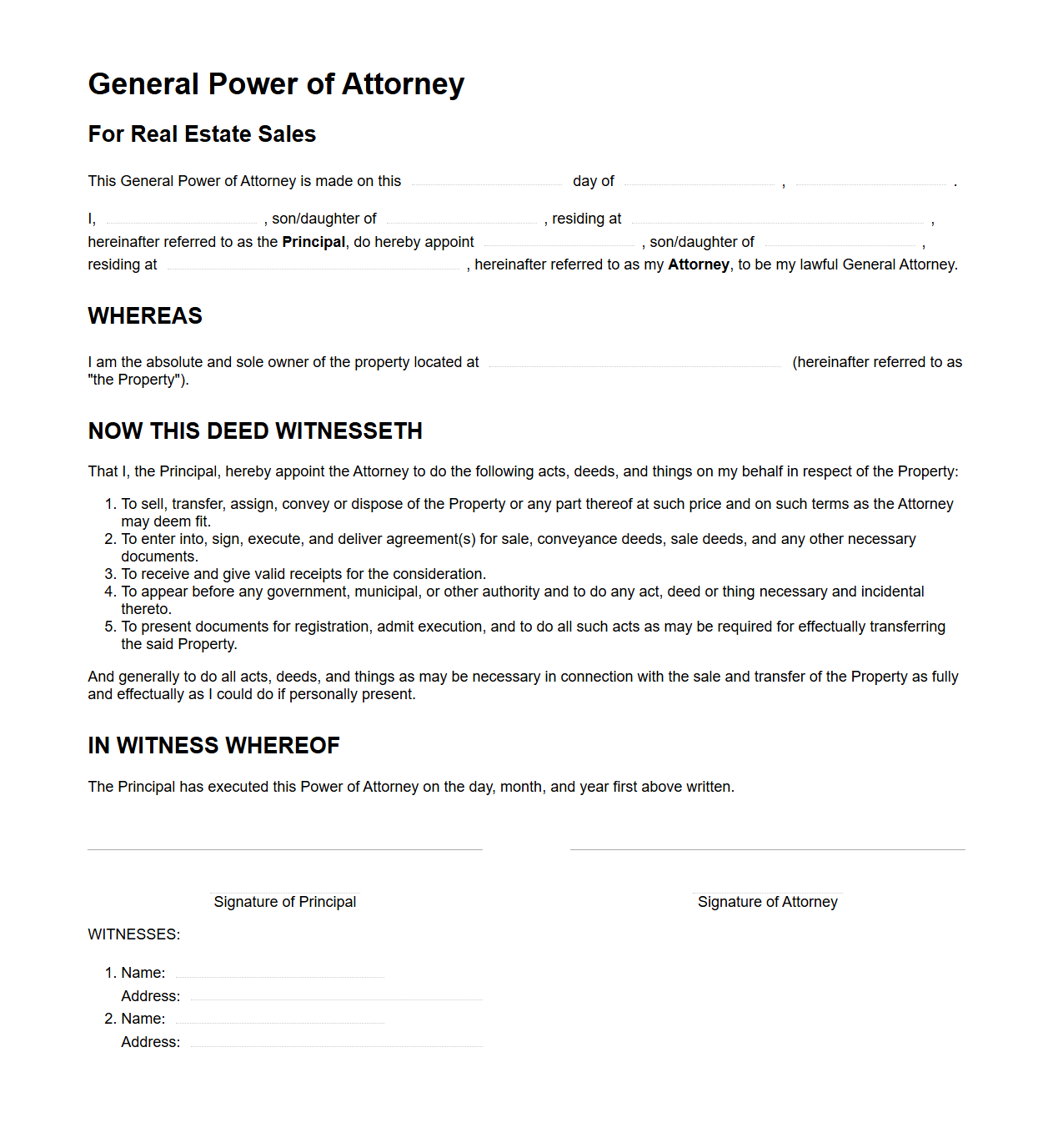 General Power of Attorney Template for Real Estate Sales