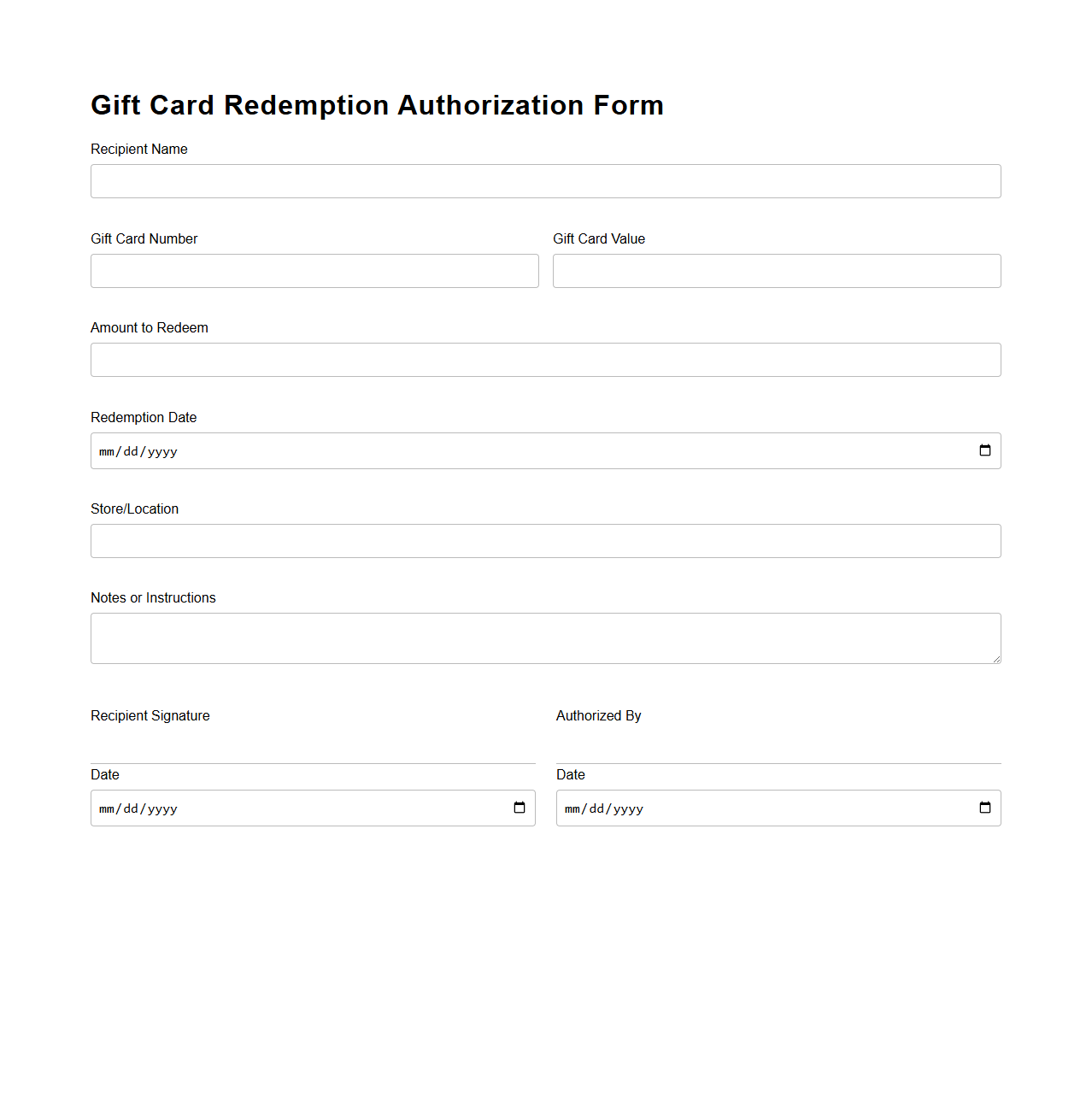 Gift Card Redemption Authorization Form Template