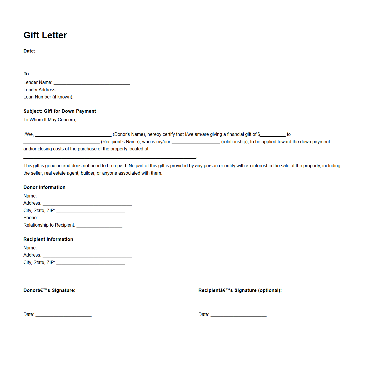 Gift Letter Sample for Home Loan Down Payment