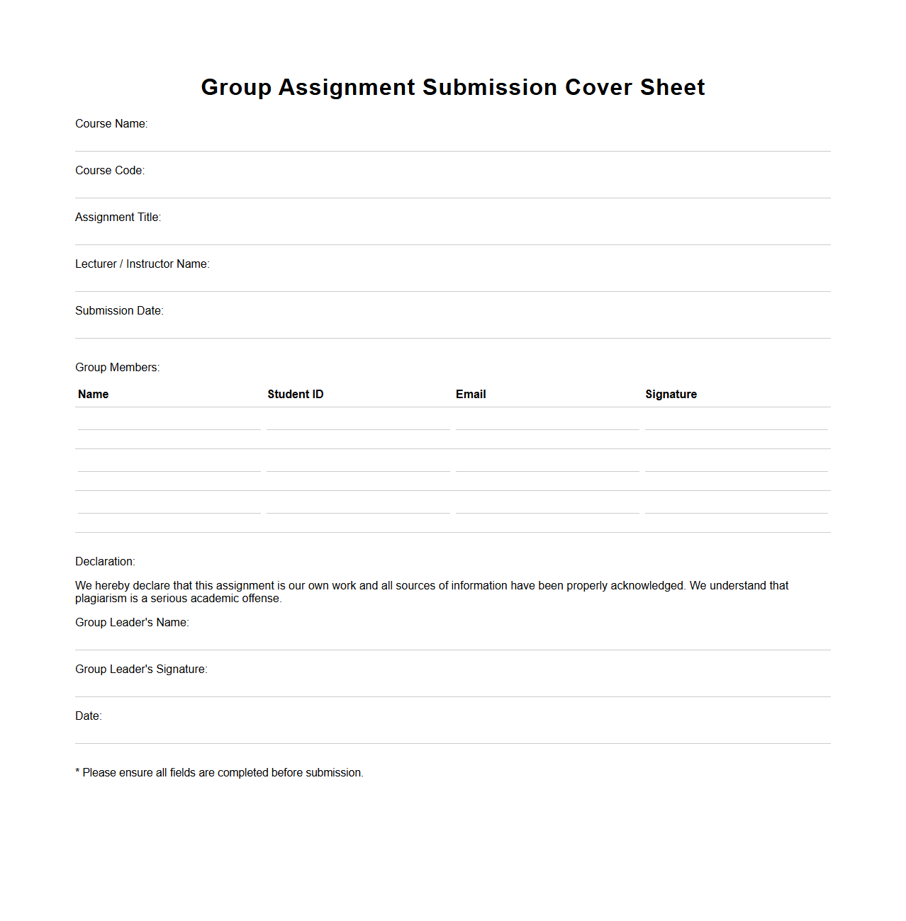 Group Assignment Submission Cover Sheet