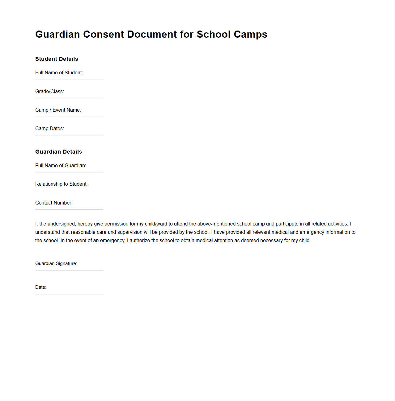Guardian Consent Document for School Camps