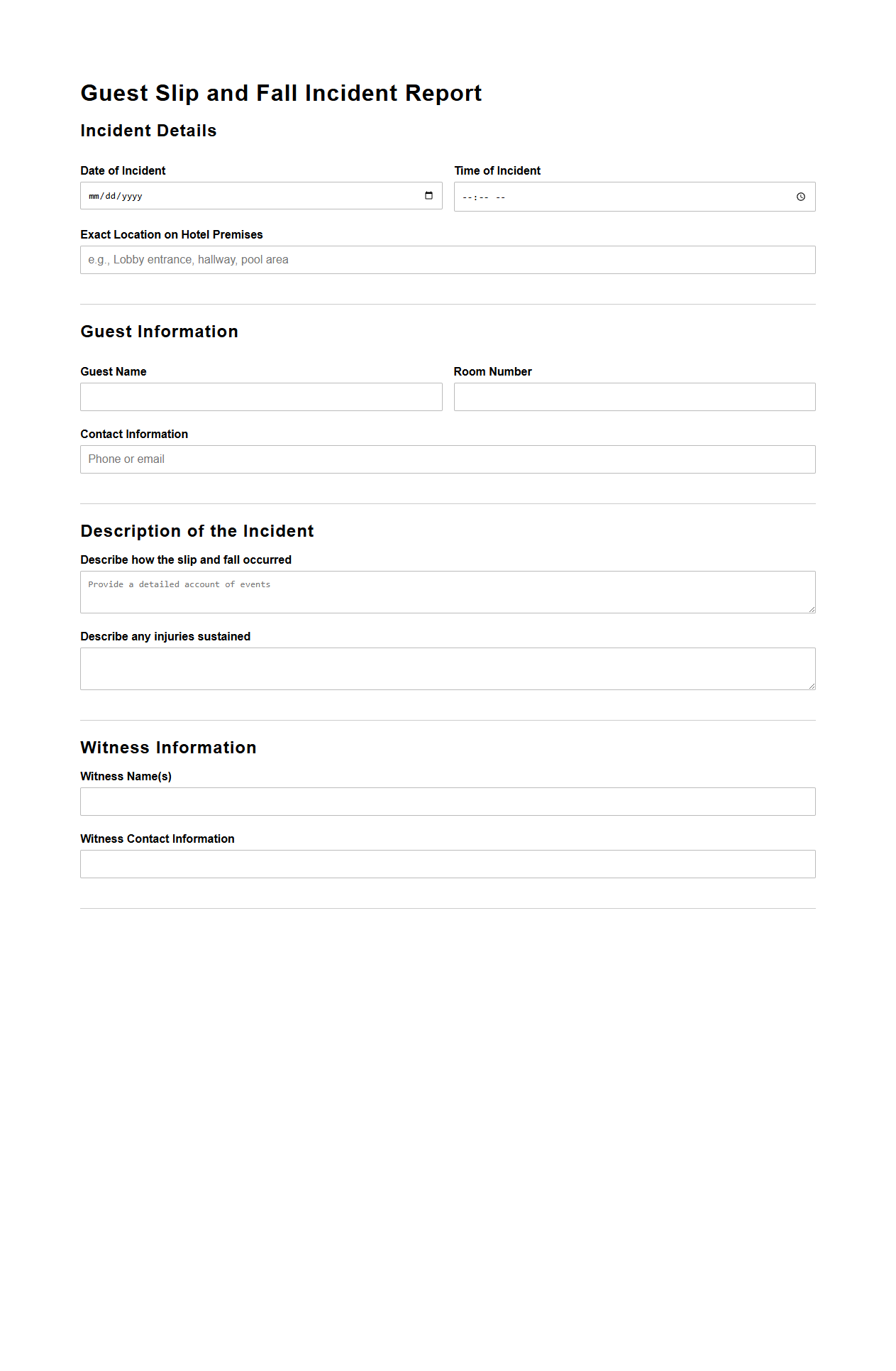 Guest Slip and Fall Incident Report Sample for Hotel Premises