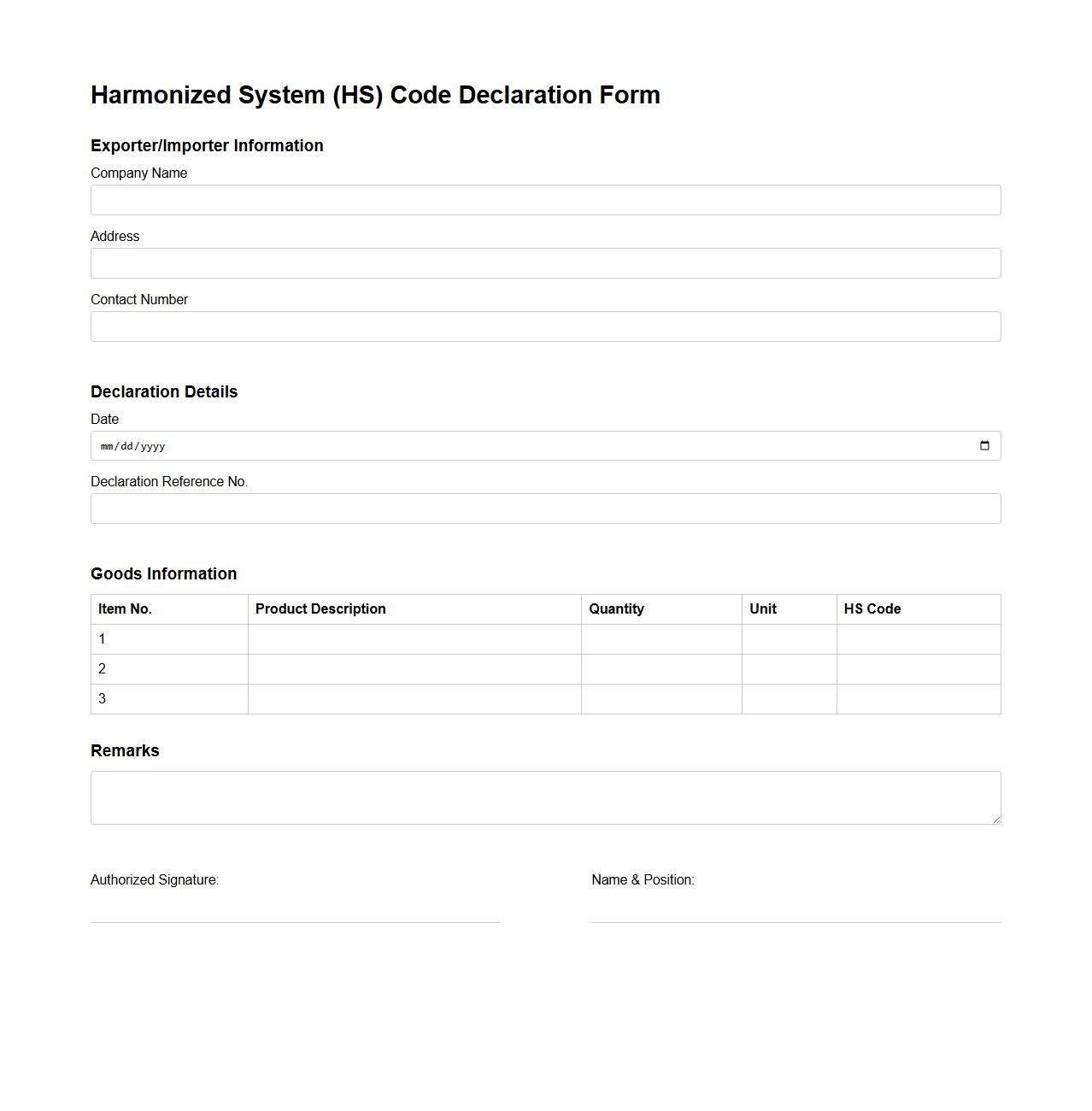 Harmonized System (HS) Code Declaration Form