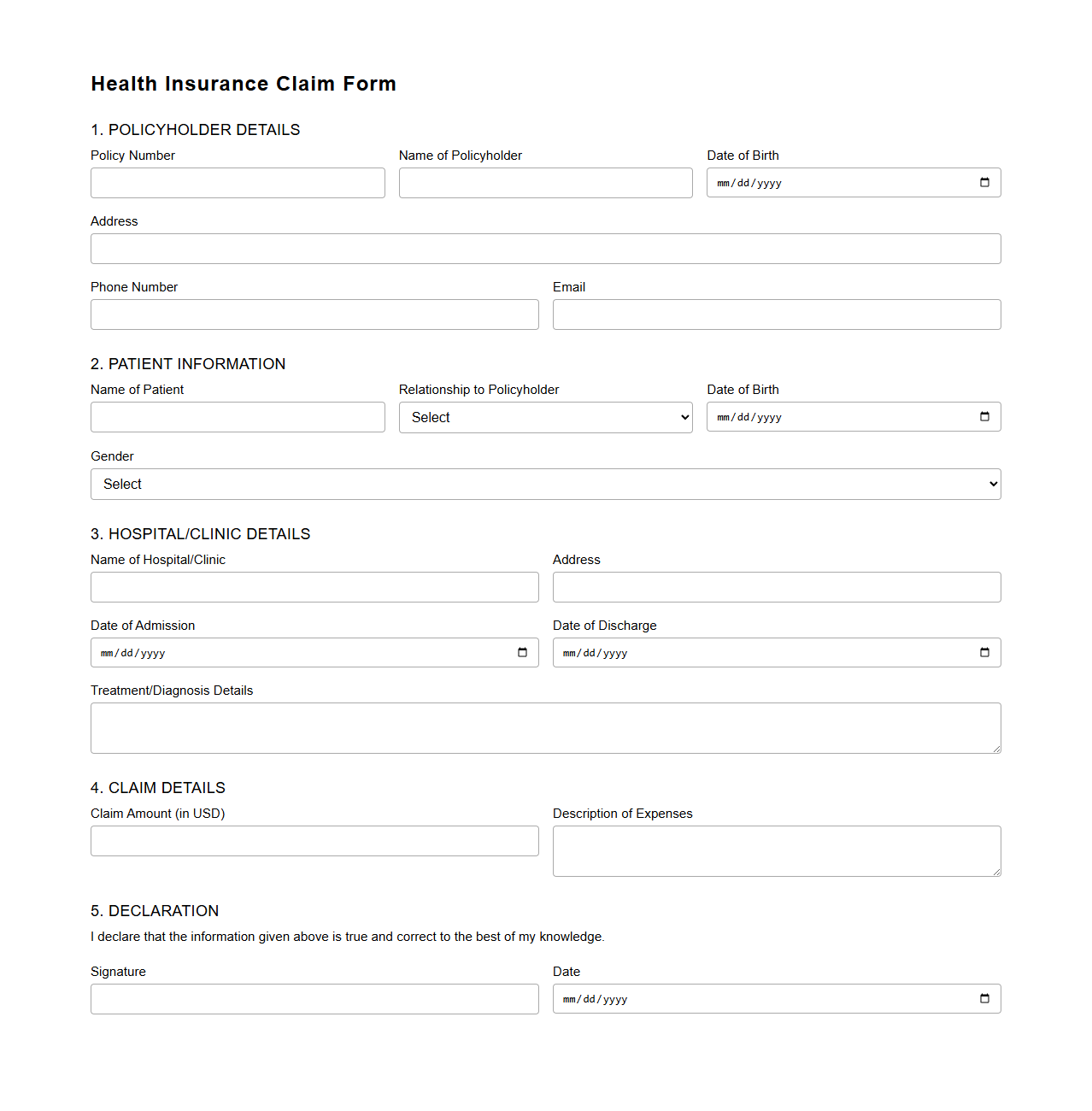 Health Insurance Claim Form Template