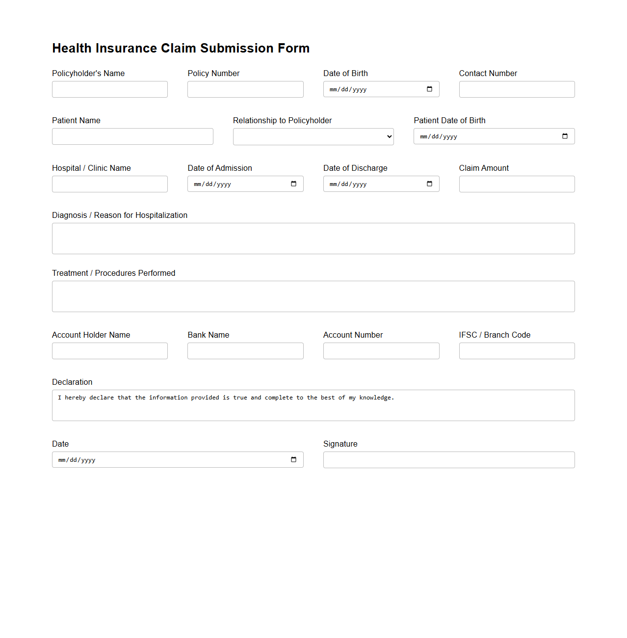 Health Insurance Claim Submission Form