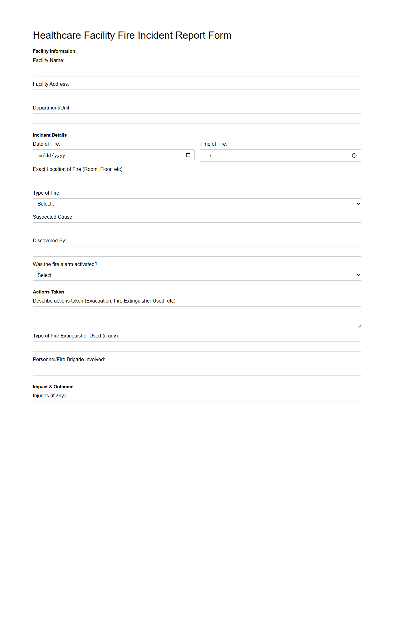 Healthcare Facility Fire Incident Report Form