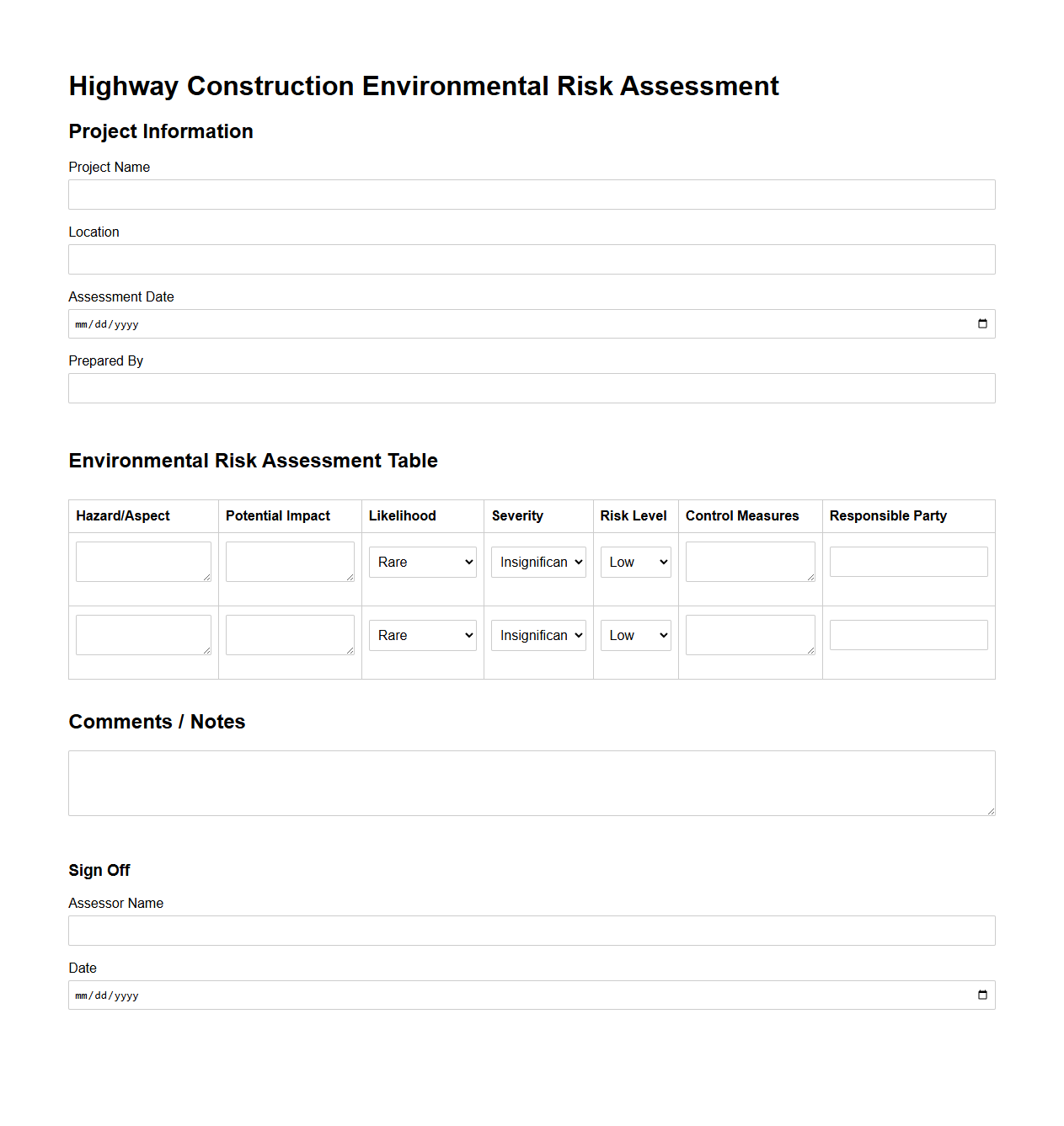 Highway Construction Environmental Risk Assessment Template