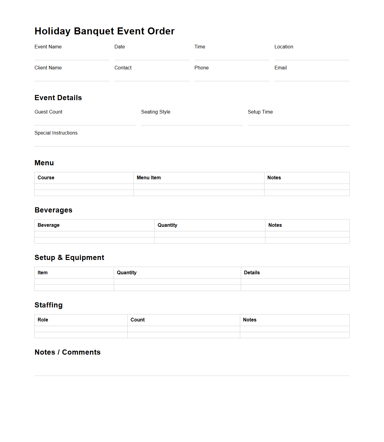 Holiday Banquet Event Order Format
