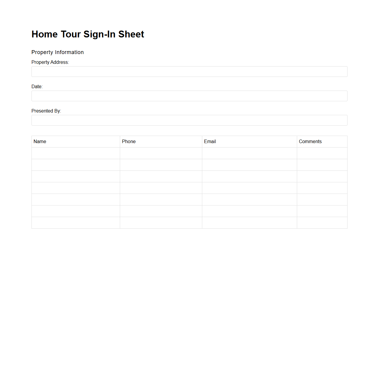 Home Tour Sign-In Sheet Template