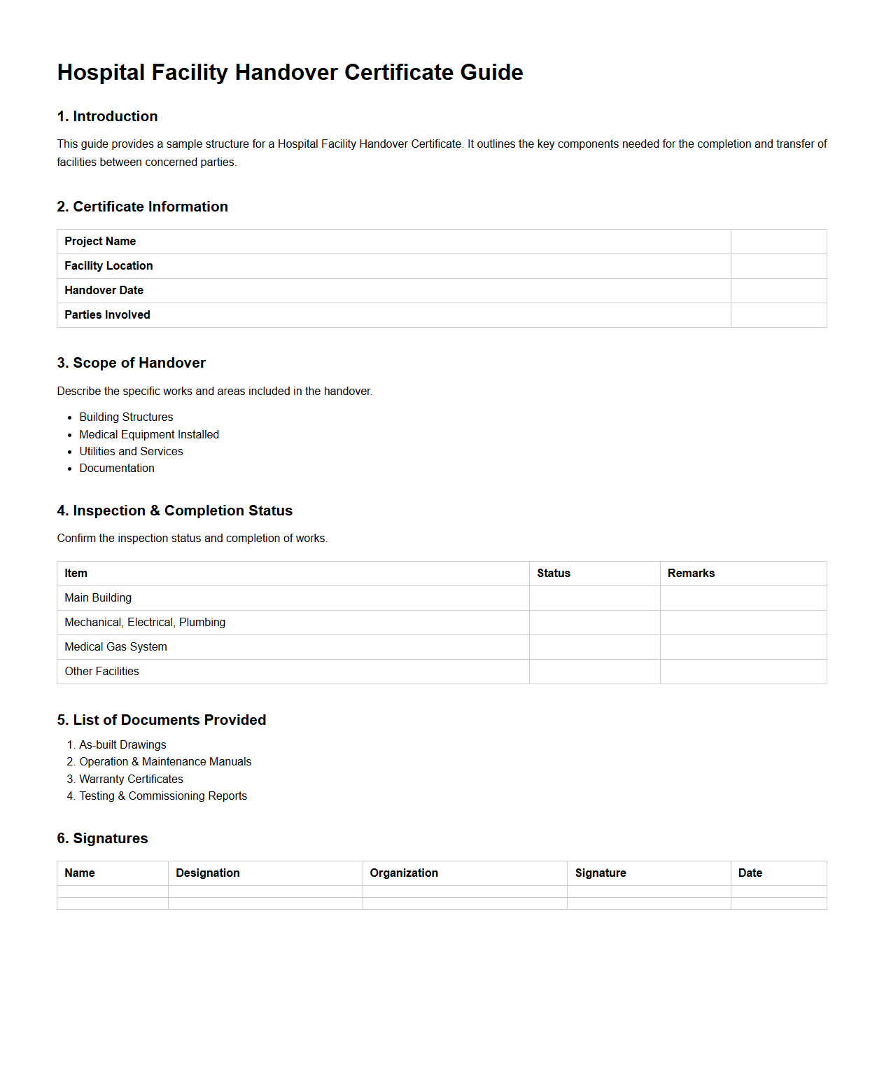 Hospital Facility Handover Certificate Guide