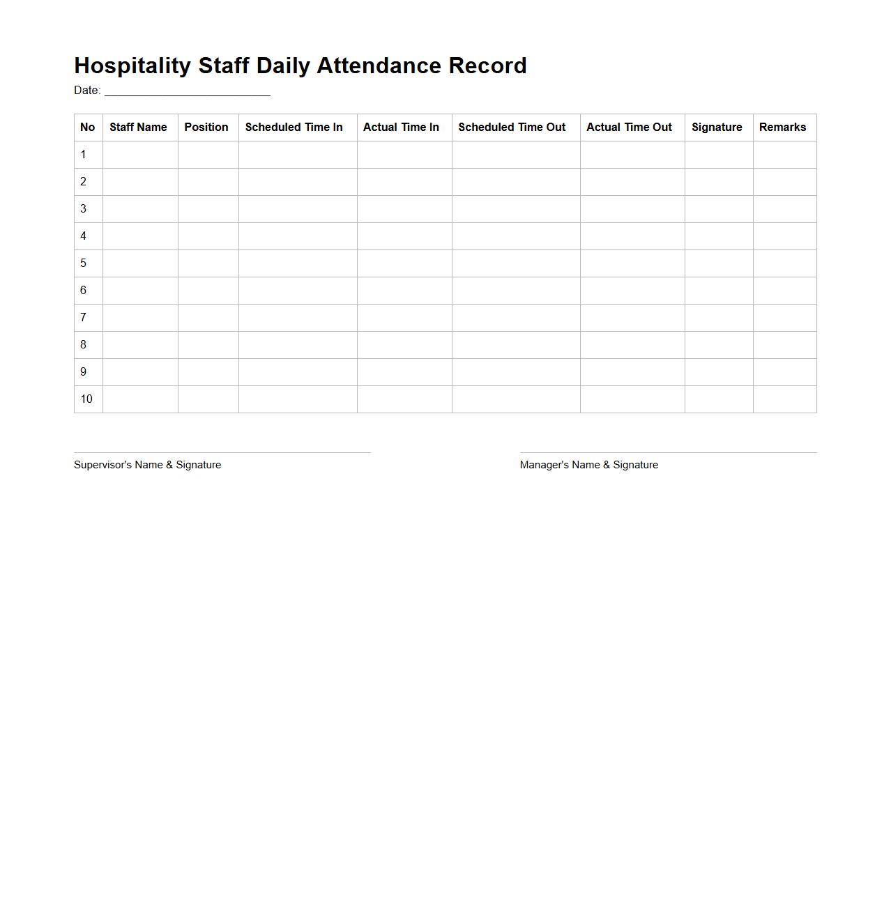 Hospitality Staff Daily Attendance Record Template