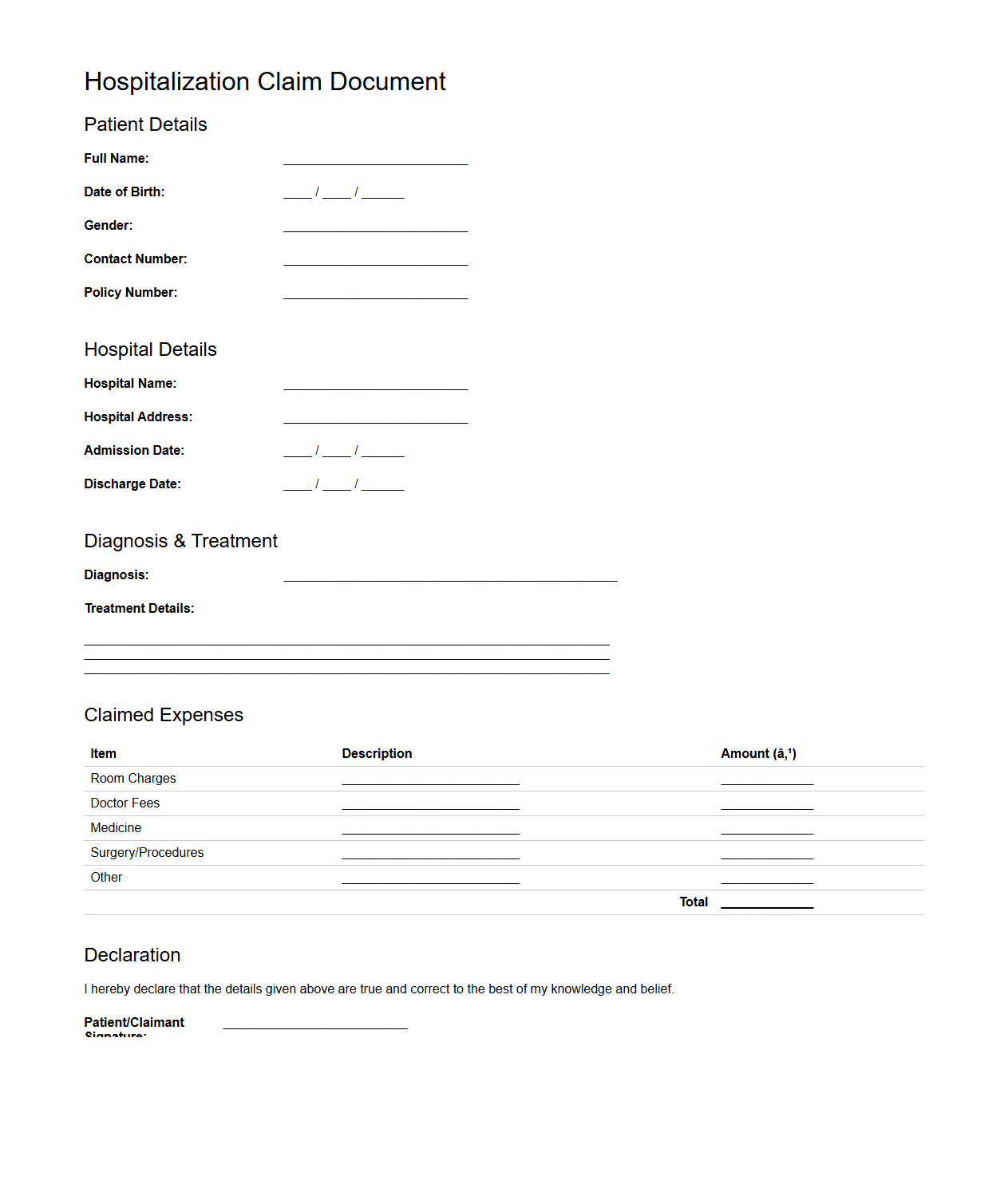 Hospitalization Claim Document Sample