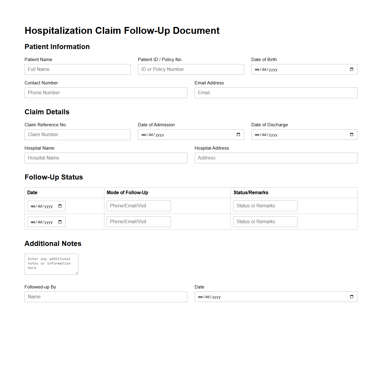 Hospitalization Claim Follow-Up Document