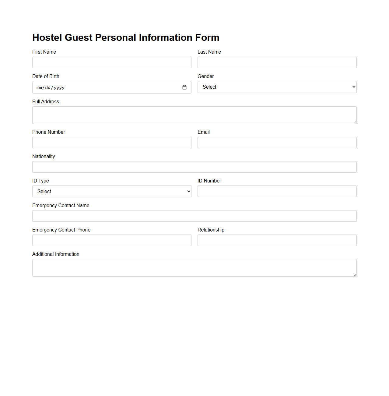 Hostel Guest Personal Information Form