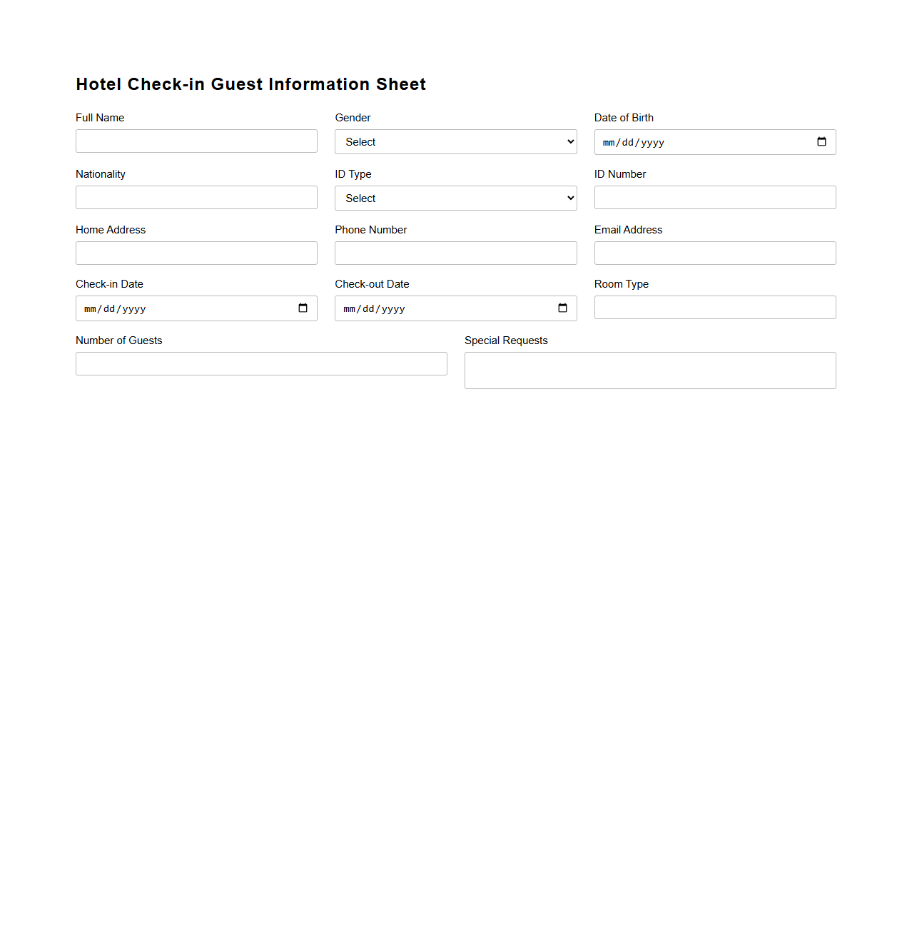 Hotel Check-in Guest Information Sheet