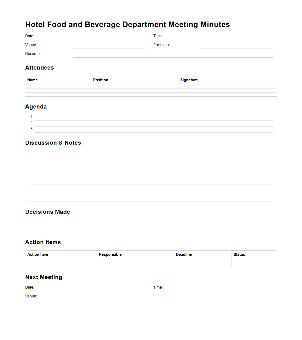 Hotel Food and Beverage Department Meeting Minutes Format