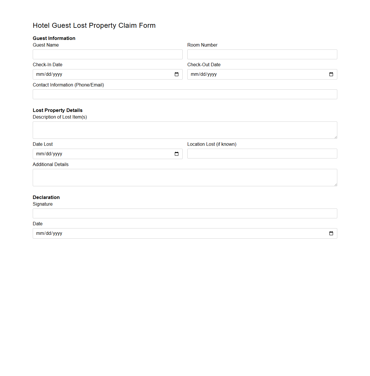 Hotel Guest Lost Property Claim Form Sample