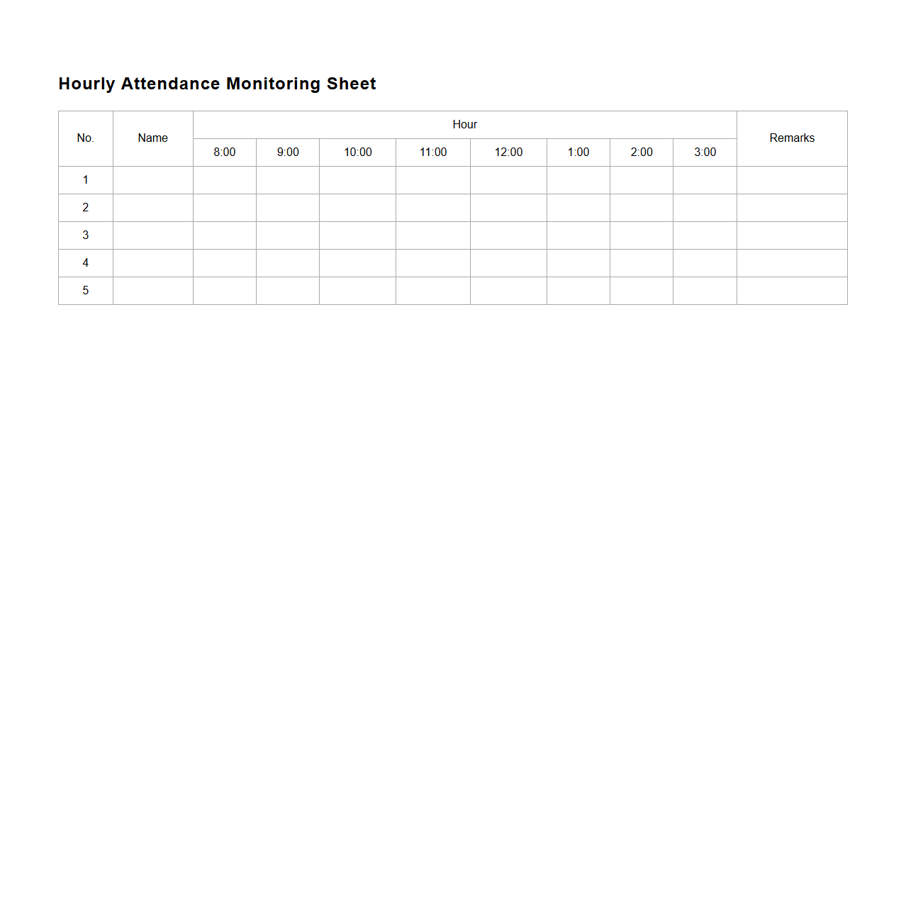 Hourly Attendance Monitoring Sheet